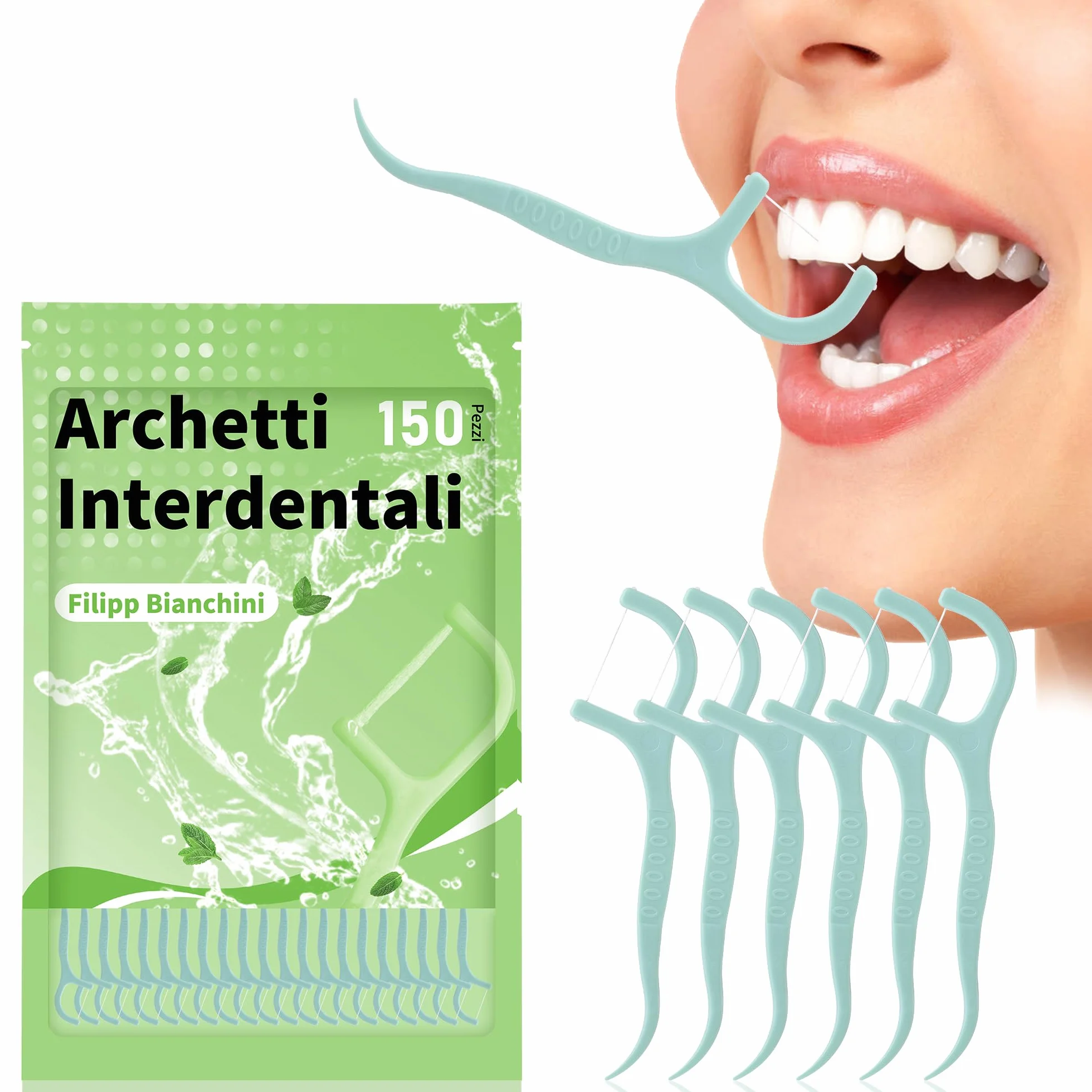 Filippo Bianchini Filo Interdentale Gusto Menta 150 Pezzi Bastoncini Portatili Cura Dentistica