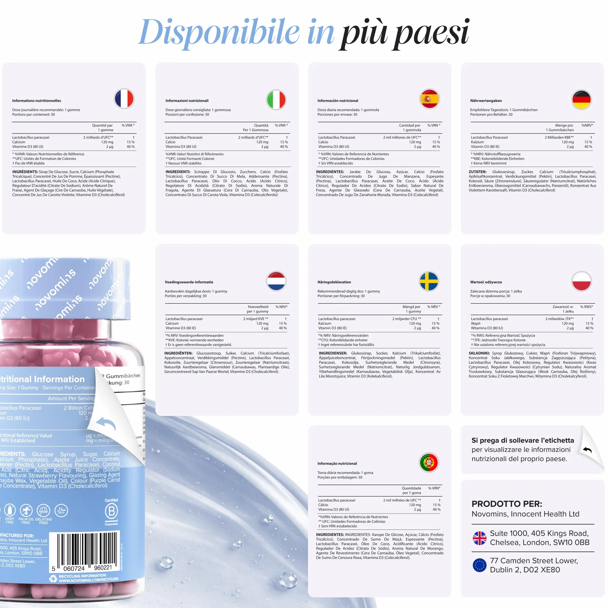 Probiotici Bambini Gommose Fermenti Lattici con Vitamina D3 & Calcio Benessere Intestinale Difese 30 Gommose Novomins