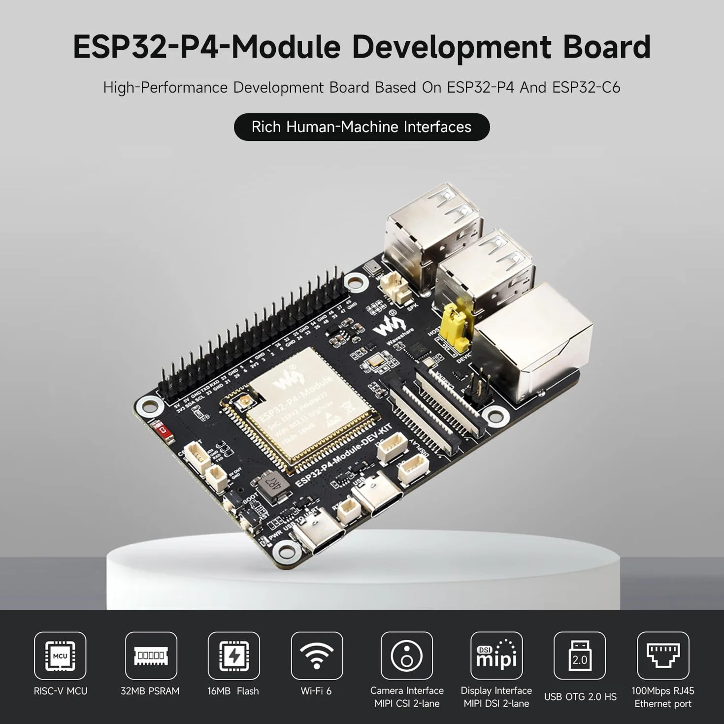 Waveshare ESP32-P4-Module Basic Kit, ESP32-P4-Module High-Performance Development Board, Based On ESP32-P4 & ESP32-C6, Supports Wi-Fi 6 & BT 5/BLE, with Speaker