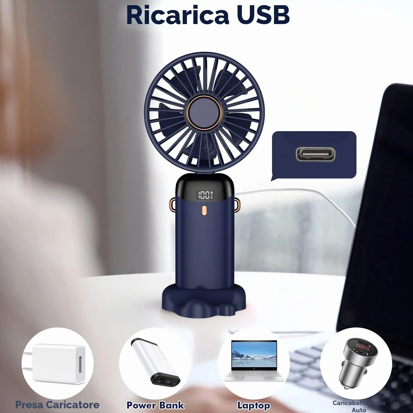 Ventilatore a mano, mini ventilatore portatile, ricaricabile, piccolo ventilatore tascabile con 5 livelli di velocità, batteria da 4200 mAh, ventilatore USB pieghevole per ufficio, all'aperto