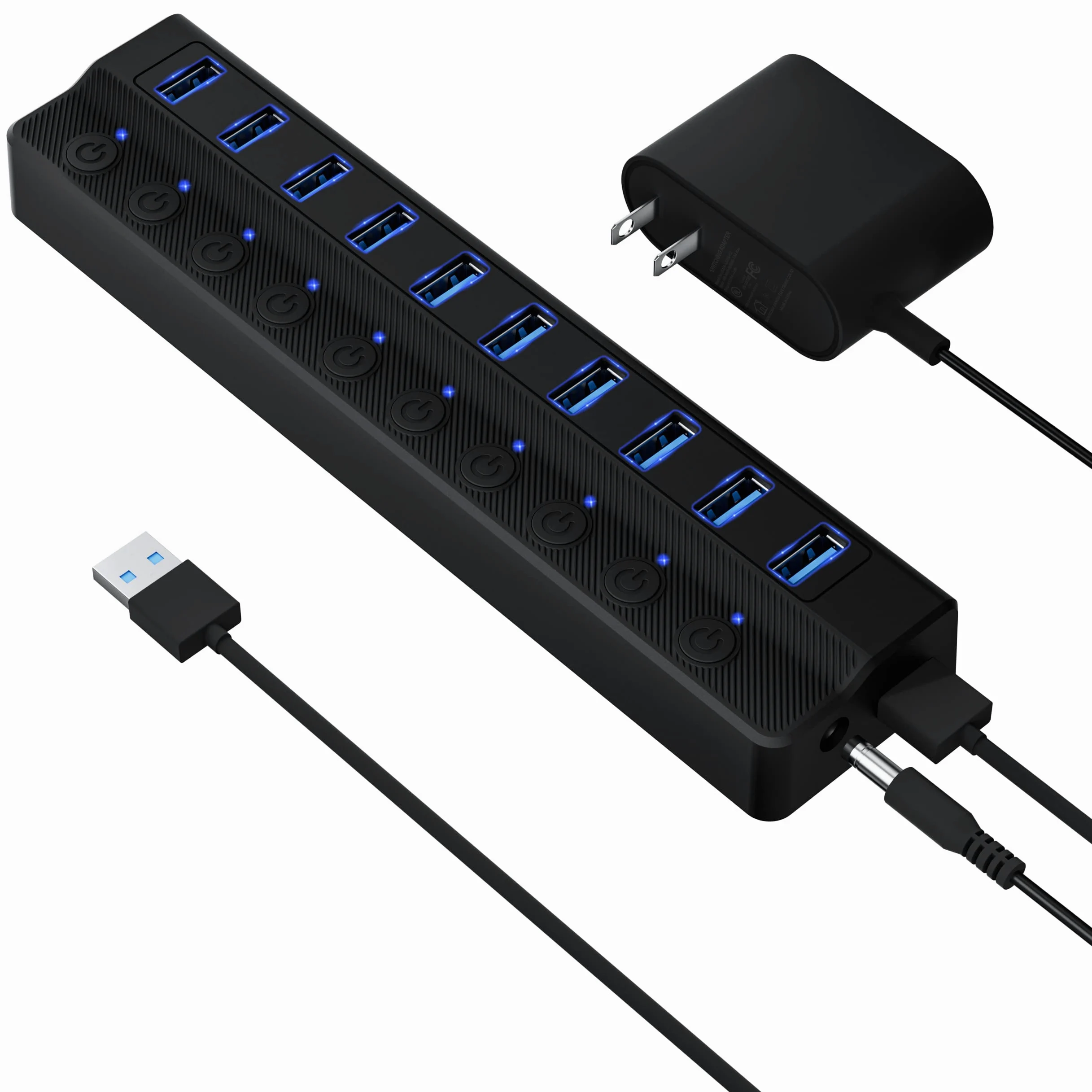 ONFINIO Hub USB 3.0, hub splitter USB a 10 porte con interruttori on/off individuali e adattatore di alimentazione 12V/2A estensione USB