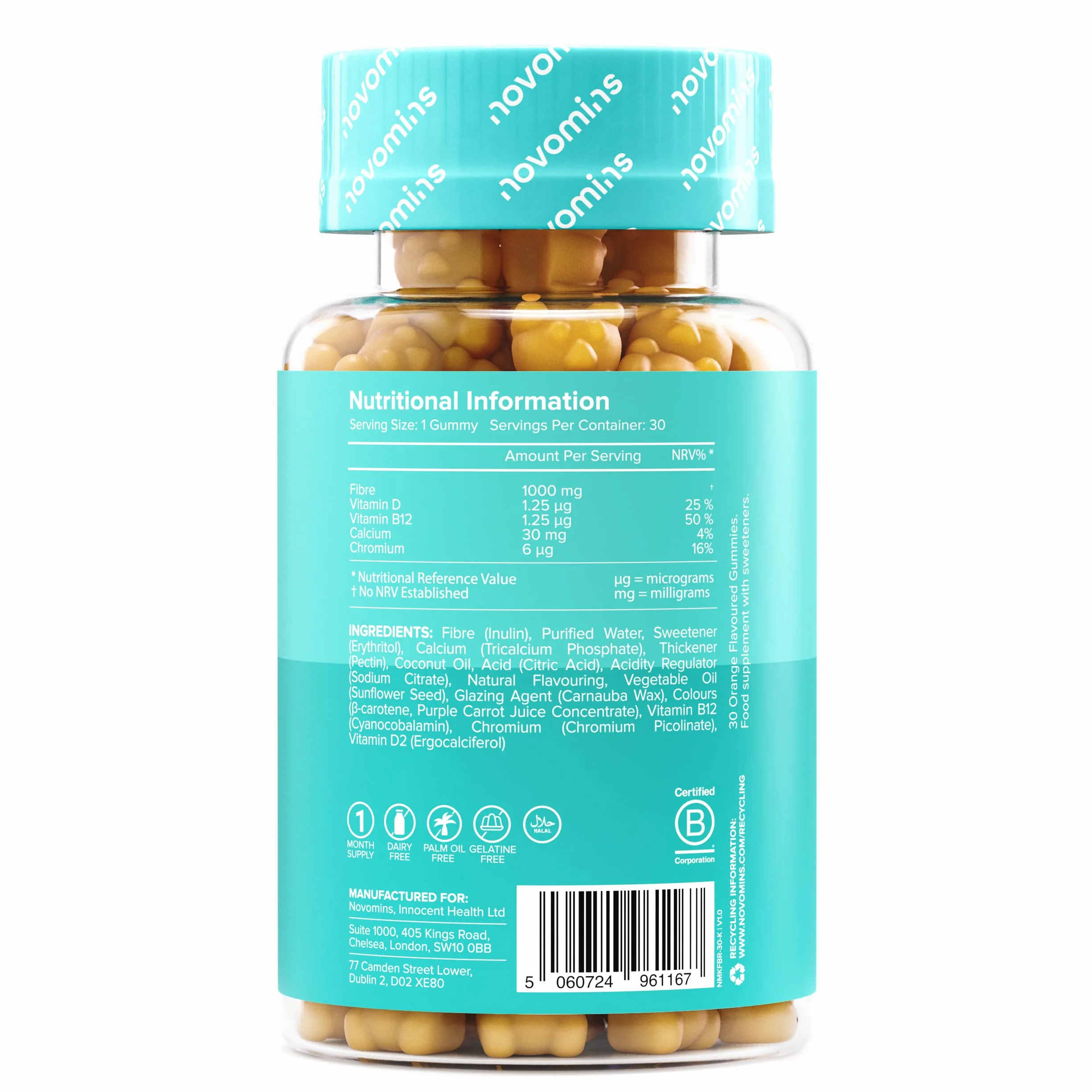 Novomins Fibre Gommose 1000 mg Inulina con Cromo Vitamina D e B12 Sistema Immunitario Metabolismo Vegan 30 Gommose Gusto Arancia