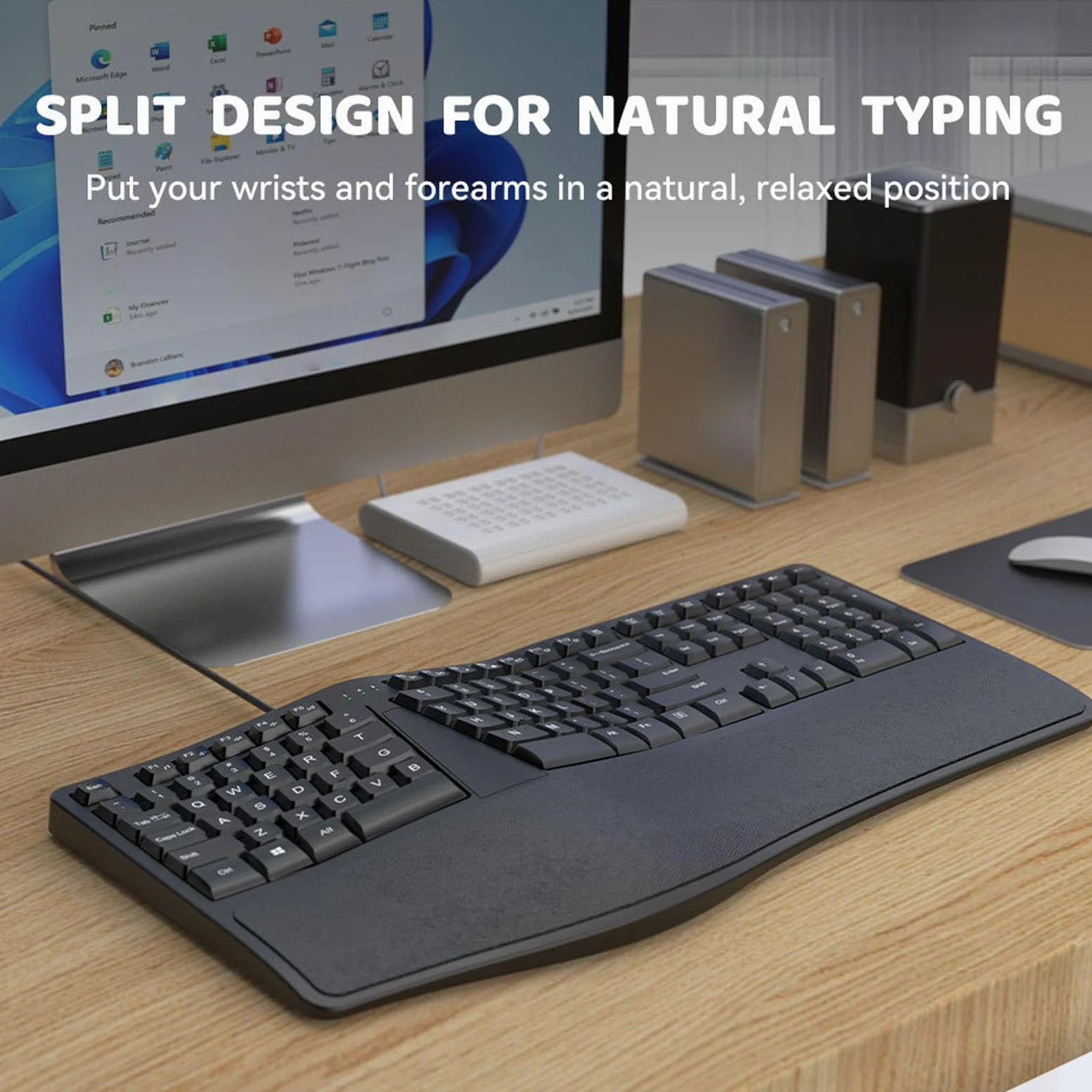 Tastiera Ergonomica Divisa, Tastiera per Computer USB 2.0 Cablata con 110 Tasti e Design Silenzioso, con Poggiapolsi Ad per PC Portatile, comodità di Digitazione in Ufficio
