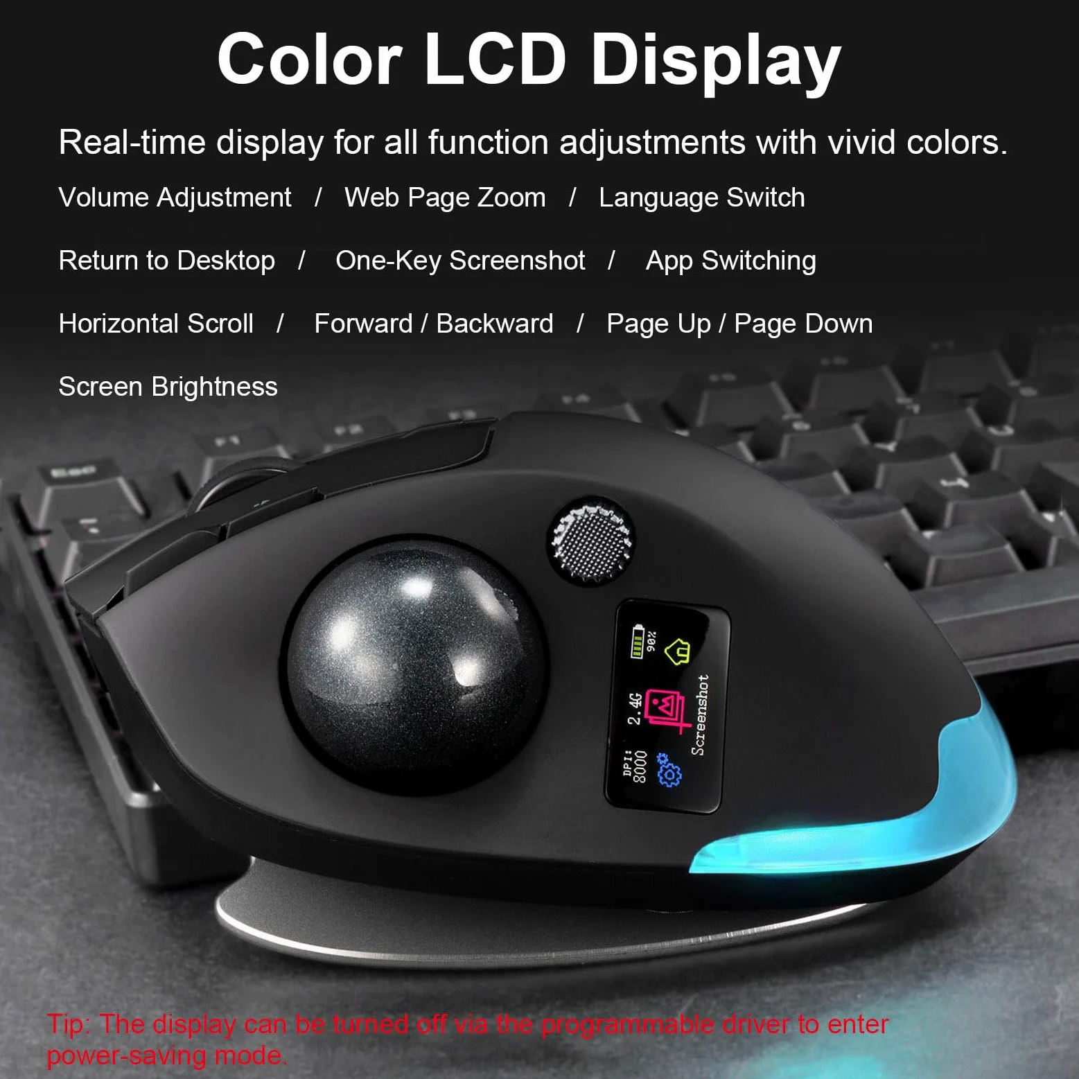 Mouse con Trackball Senza Fili (BLACK) | con Display LCD Silenzioso 8000 DPI 8 Pulsanti Retroilluminazione RGB Batteria da 730 MAh per la Progettazione di Lavori di