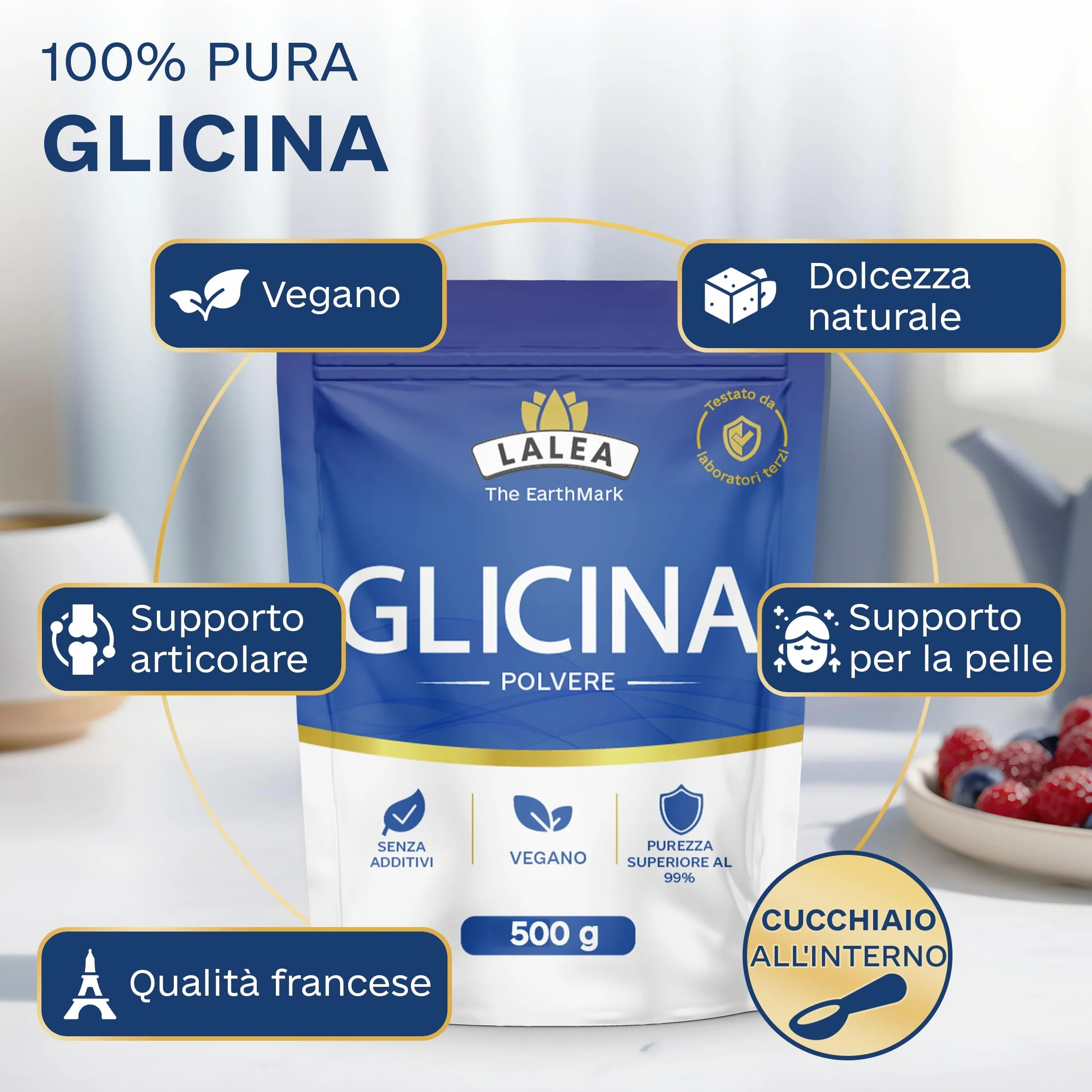 LALEA Glicina Polvere 500g – Amminoacido Glicina Pura al 100% – Componente del Collagene – Vegano, Senza Additivi – Supporta Sonno, Articolazioni e Pelle