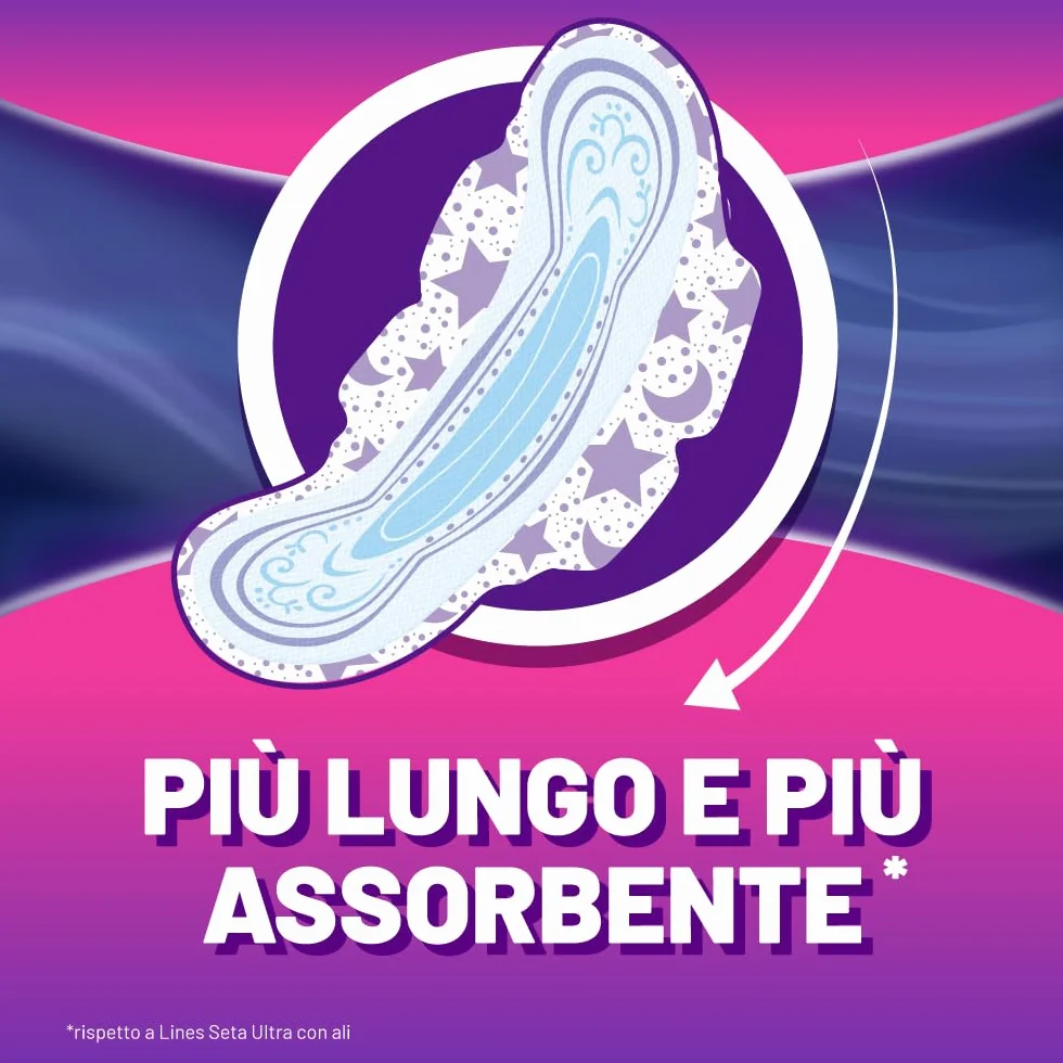 LINES SETA ULTRA NOTTE con ali, 64 assorbenti per ciclo mestruale, protezione notte, ipoallergenico, super assorbente