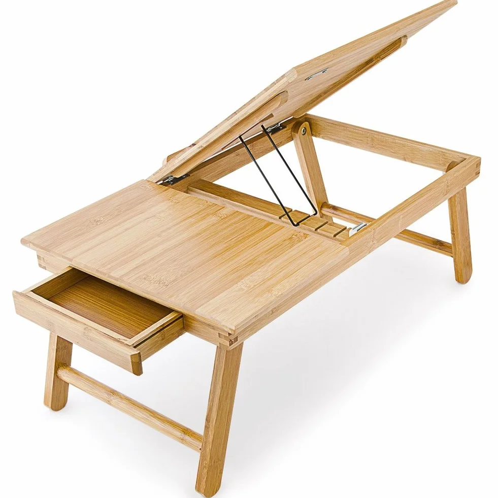 Bakaji Tavolino Vassoio Letto Artista Divano Porta Notebook Pc Tablet, con cassetro, Pieghevole in Legno Bambu Bamboo 55 x 33 x 24 cm