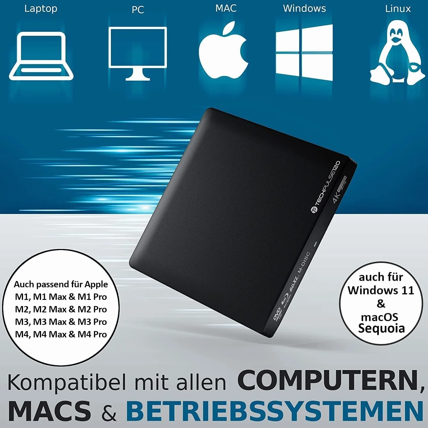 techPulse120 Esterno UHD USB 3.1 4K-Ultra HD Masterizzatore Lettore Blu-ray Blue BD Player BDXL Burner per PC USB-C M-Disc lettori BluRay 4K USB UltraHD nativo Alu Nero