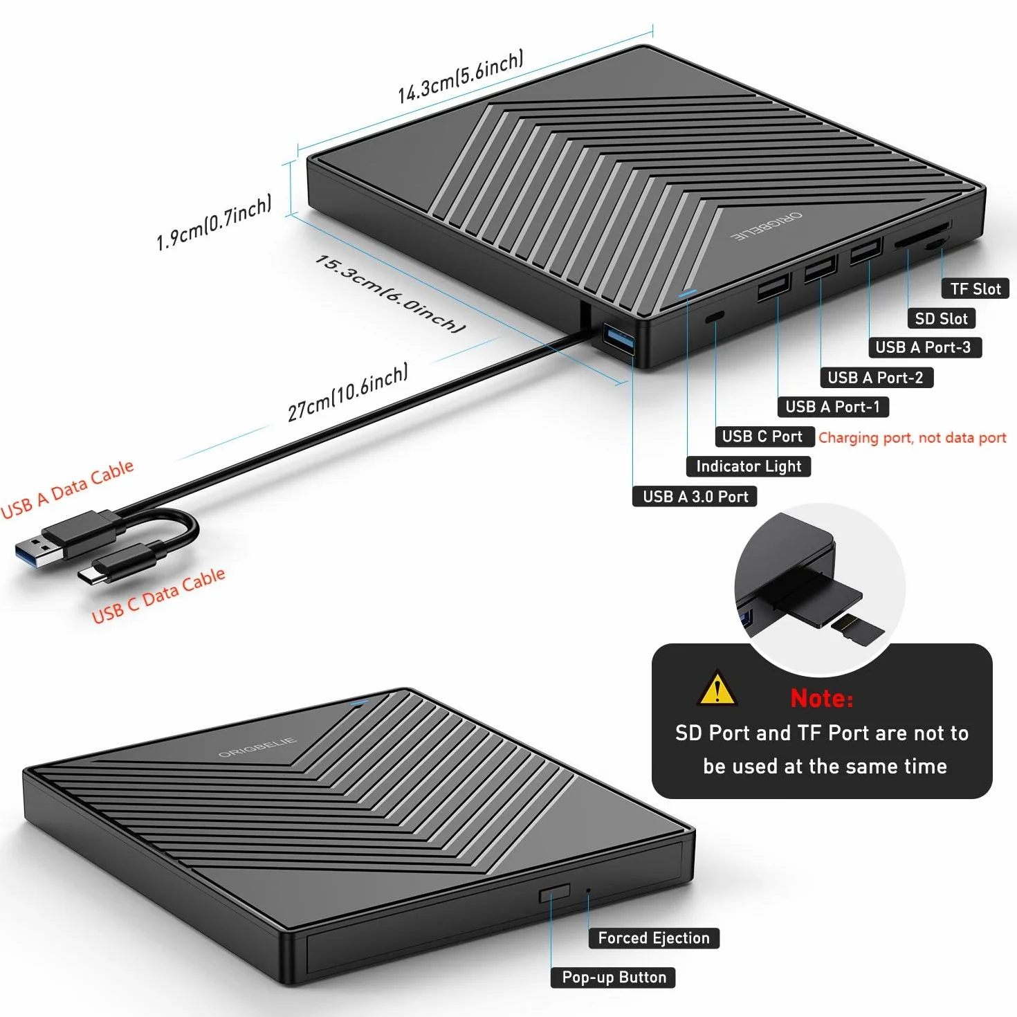 ORIGBELIE Masterizzatore DVD CD Externo, Lettore CD DVD Esterno, USB 3.0 con 4 Porte USB e 2 Lettore di Schede TF/SD, Sottile Unità CD/DVD Esterna Per Laptop Mac PC Windows 11/10/8/7 Linux OS con Caso