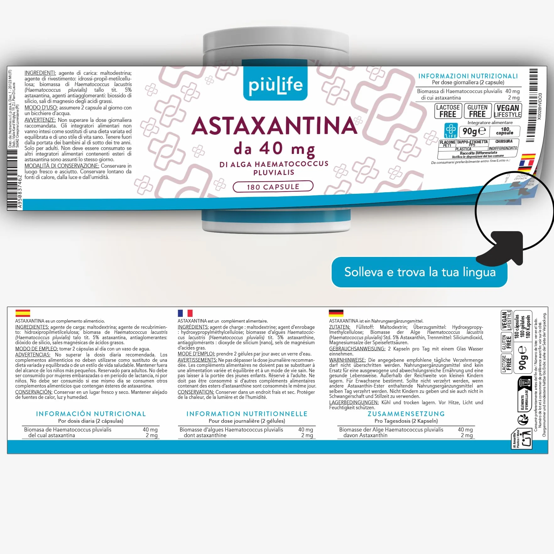 PiùLife Astaxantina Pura 40mg Da Alga Haematococcus Pluvialis Integratore Antiossidante Pelle Vista