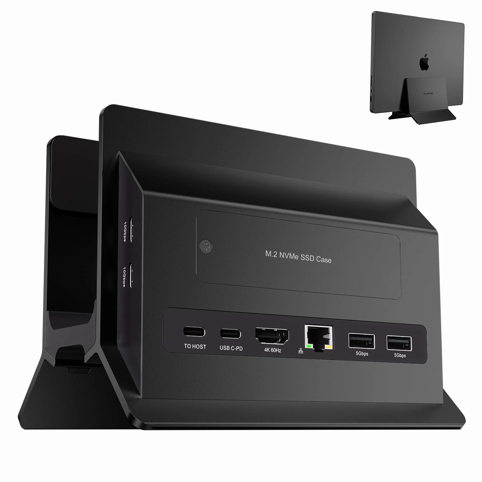 Verticale Docking Station, USB C Macbook Docking Station con M.2 NVMe SSD custodia(SSD non incluso), 4K e 60Hz, 2 porte USB C10 Gbit/s, Supporto Macbook Dock per laptop, Mac, Mac Min, Nero