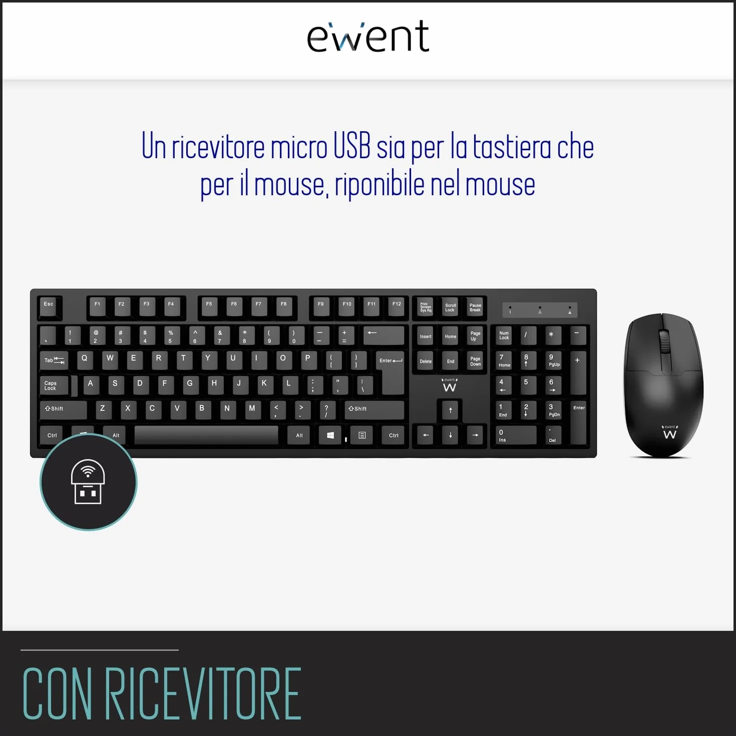 Tastiera Wireless Italiana QWERTY Full-Size con Tastierino Numerico, Silenziosa per PC Laptop Home Office