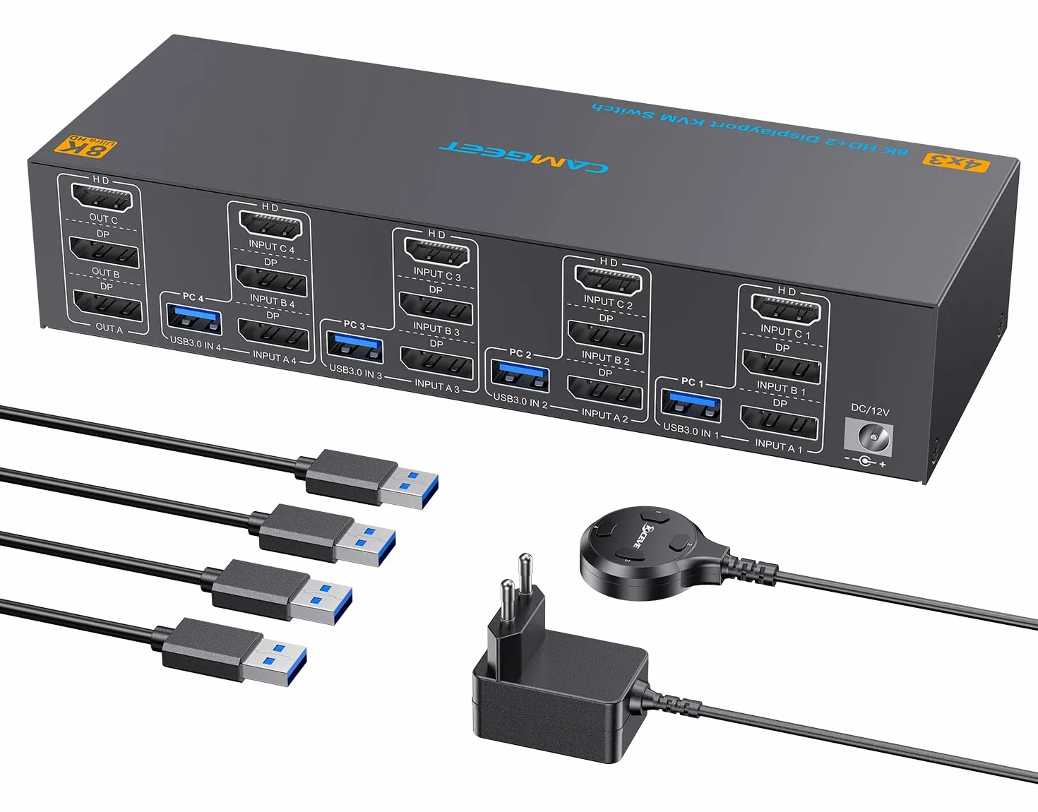 8K KVM Switch 4 PC 3 Monitor 4K @144Hz 8K@60Hz, HDMI 2.1+ 2 DisplayPort 1.4 KVM Switch 4 porte per 4 computer condividono 3 monitor e 4 dispositivi USB, doppio monitor kvm con Wired Remote e 4 cavi
