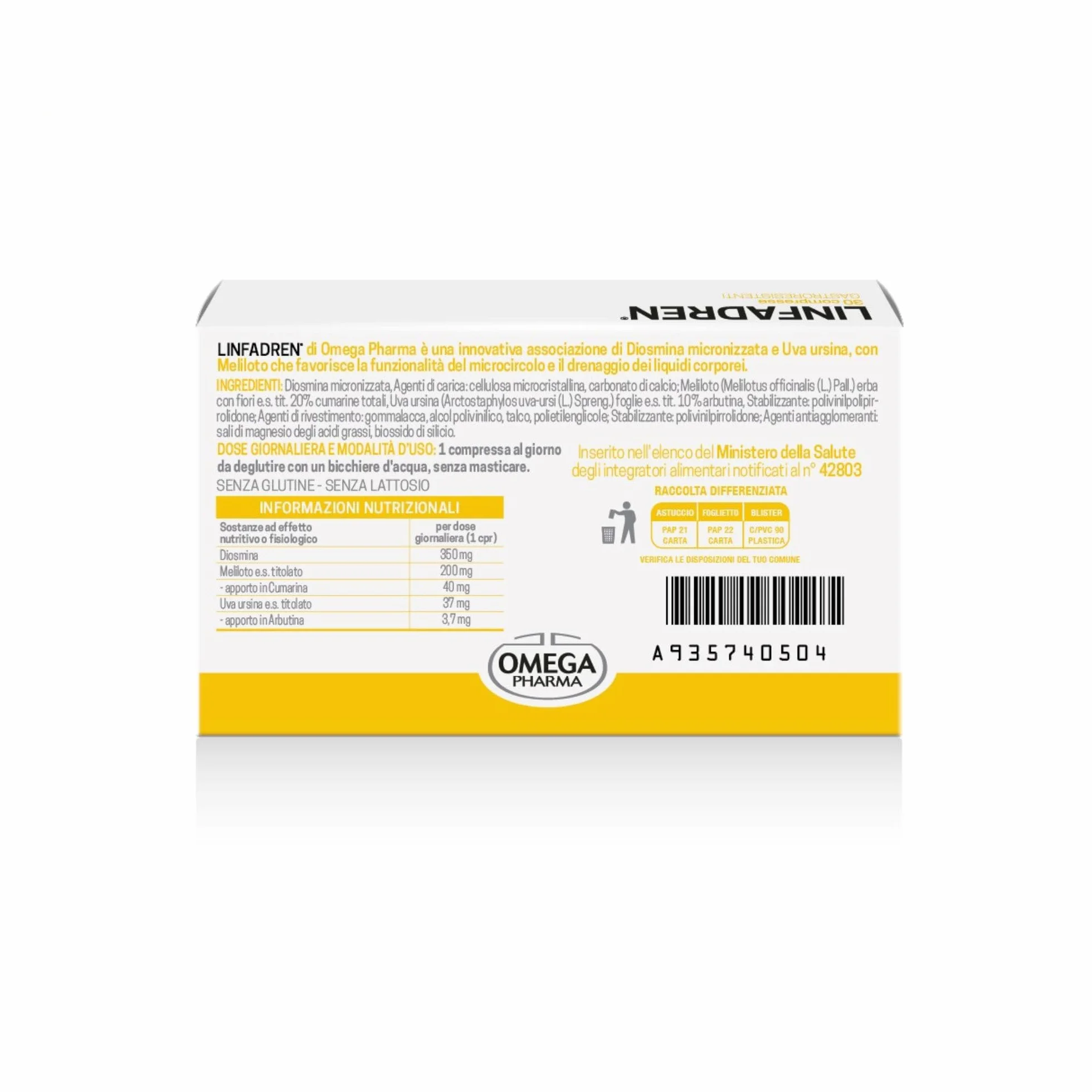 Omega Pharma Linfadren Integratore Alimentare Diosmina Uva Ursina Drenaggio Liquidi Corporei 30 Compresse
