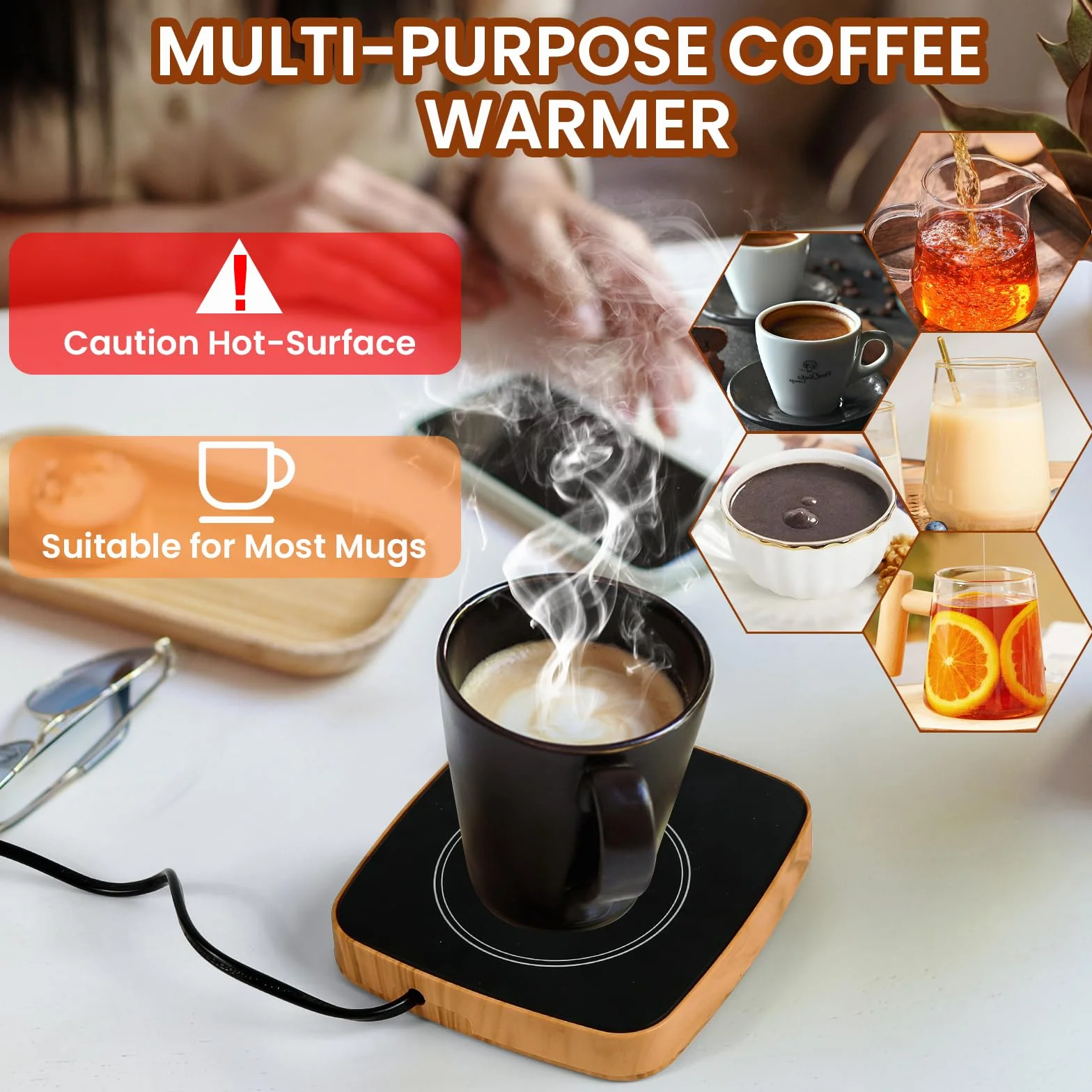Scalda Tazza, Teklemon Scaldatazze da Caffè, Scalda Bevande Elettrico con 3 Impostazioni di Temperatura, Scaldino da Tè, Scaldino Elettrico per Bevande Cacao Latte Caffè Tè (In Legno)