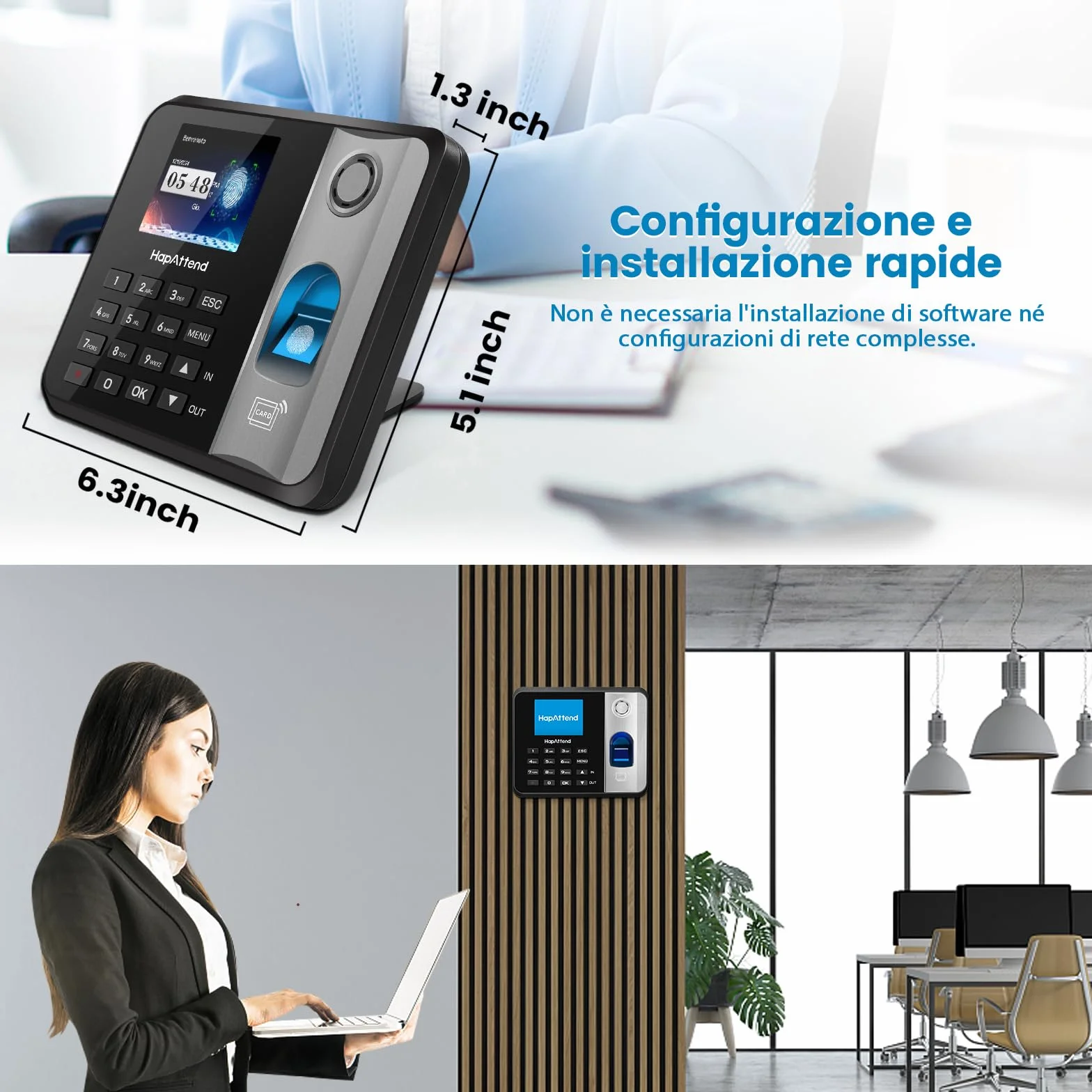 Rilevatore presenze HapAttend H1 con impronte digitali e RFID, timbratrice per dipendenti