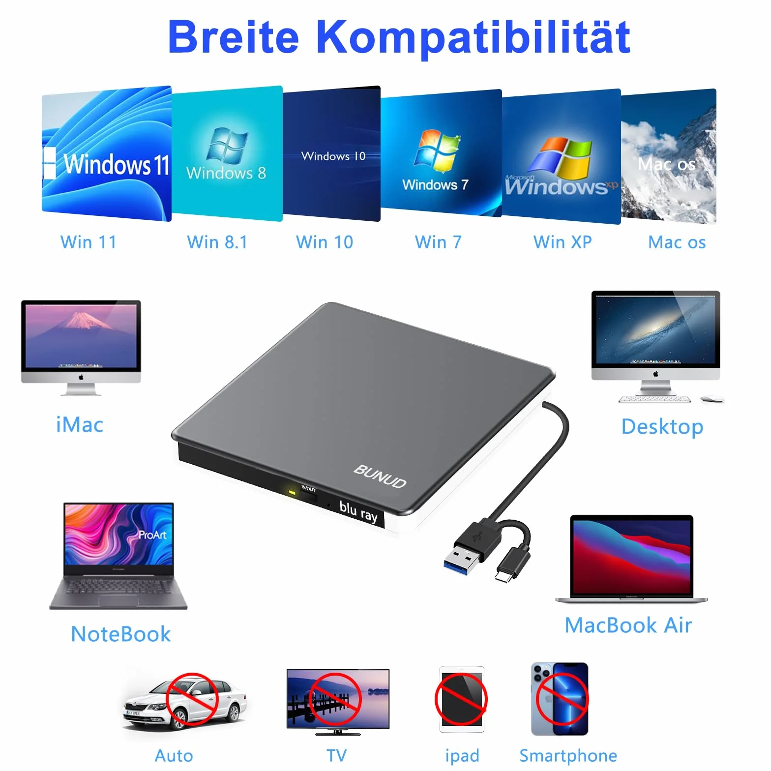 Blu-Ray CD DVD drive esterno USB 3.0 Type C masterizzatore CD/DVD Blu-ray Writer 3D BD Portable per PC Laptop Windows 11/10 Mac MacBook Pro/Air iMac