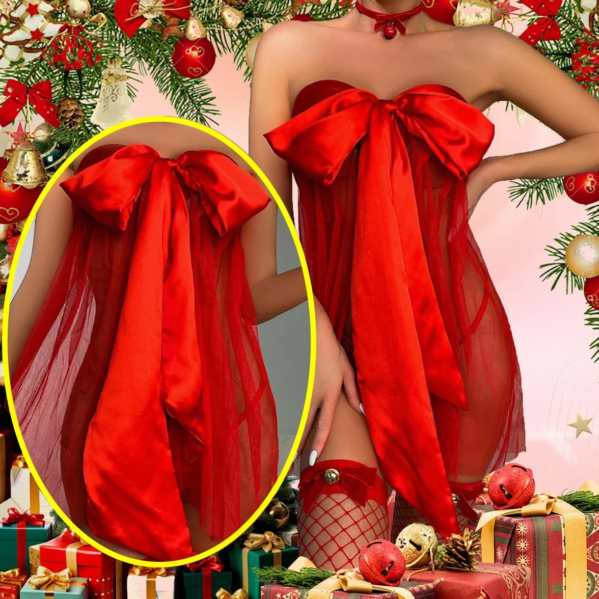 Set Lingerie Sexy Natale Rosso Grande Fiocco Raso Tulle Trasparente Senza Spalline Teddy Costumi