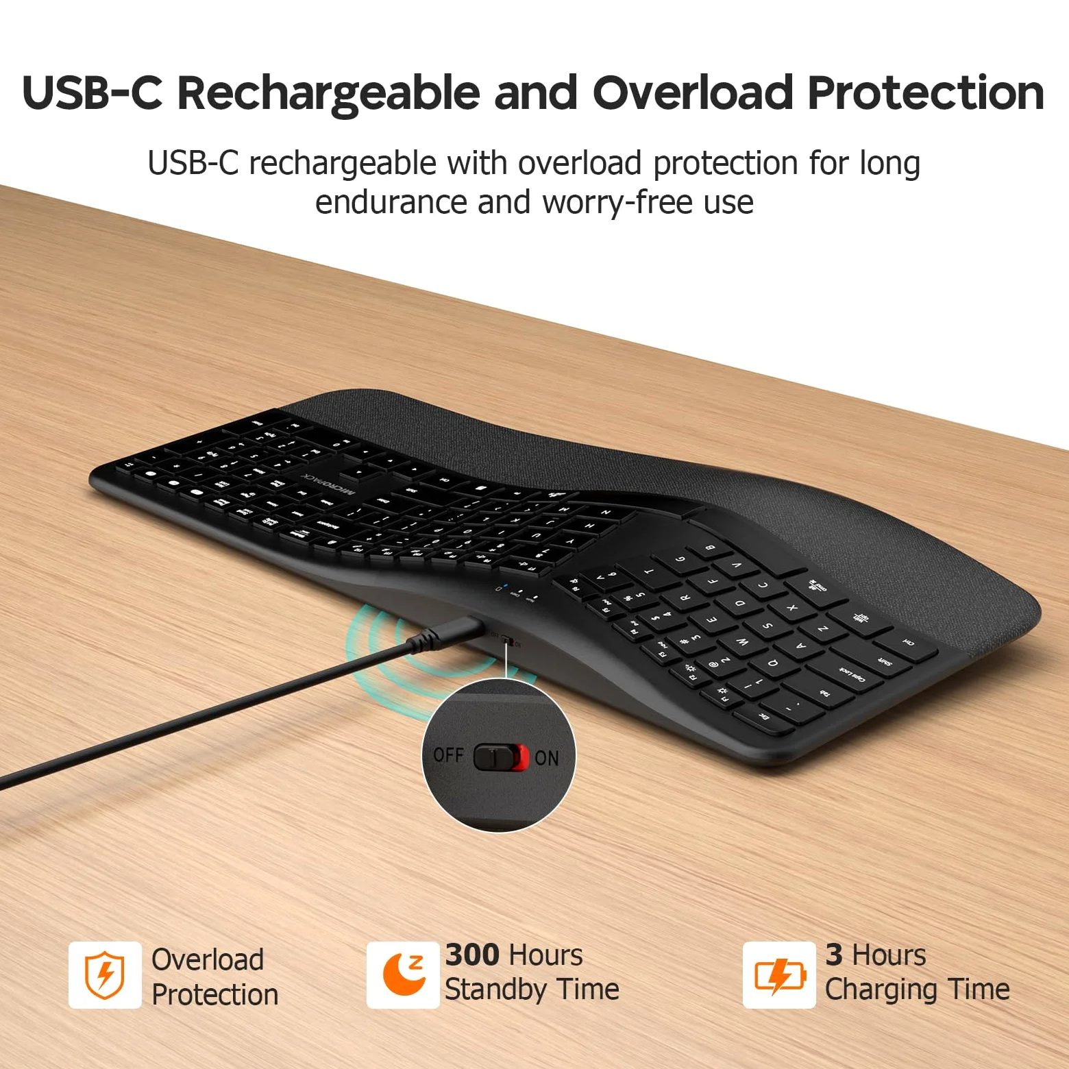 MicroPack Tastiera Ergonomica Wireless con Bluetooth, USB-C Ricaricabile e Protezione da Sovraccarico, Poggiapolsi, Connettività a 3 dispositivi, Interruttore a Forbice Silenzioso, Inclinazione