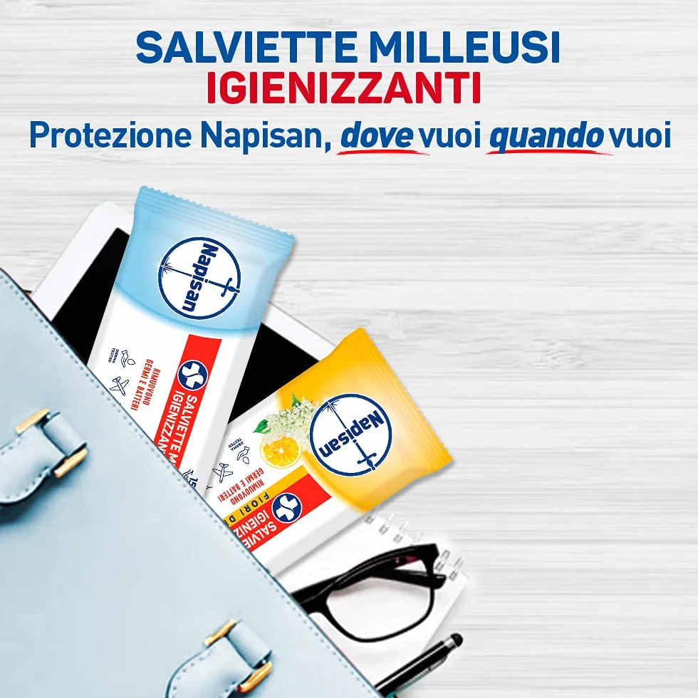 Napisan Salviette Igienizzanti Biodegradabili, Confezione da 14x15, Igienizzante Multisuperfici