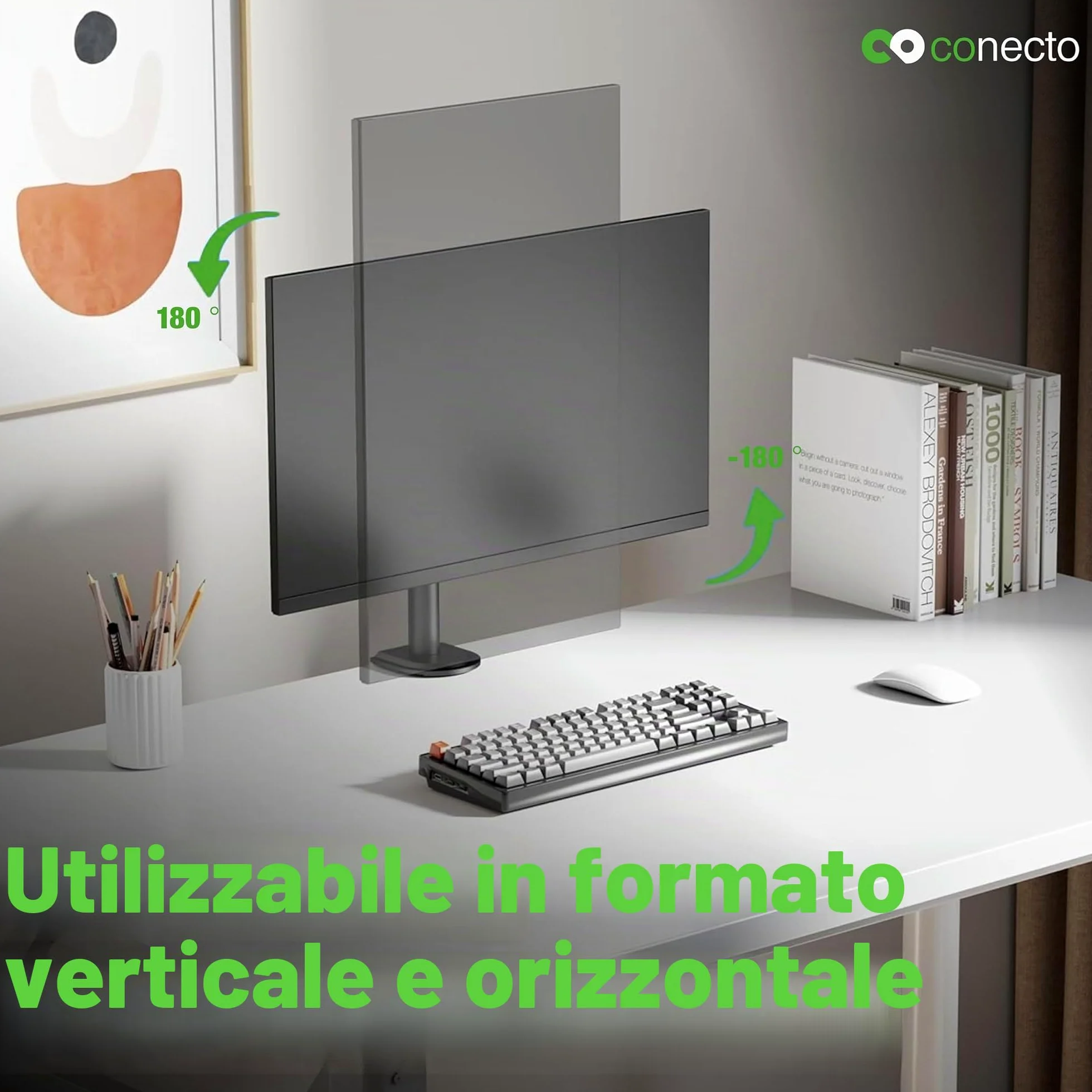 conecto Supporto per monitor regolabile in altezza per 1 schermo da 17 a 32 pollici, inclinabile e orientabile, VESA 75 e 100, supporto da tavolo, supporto per schermo, nero