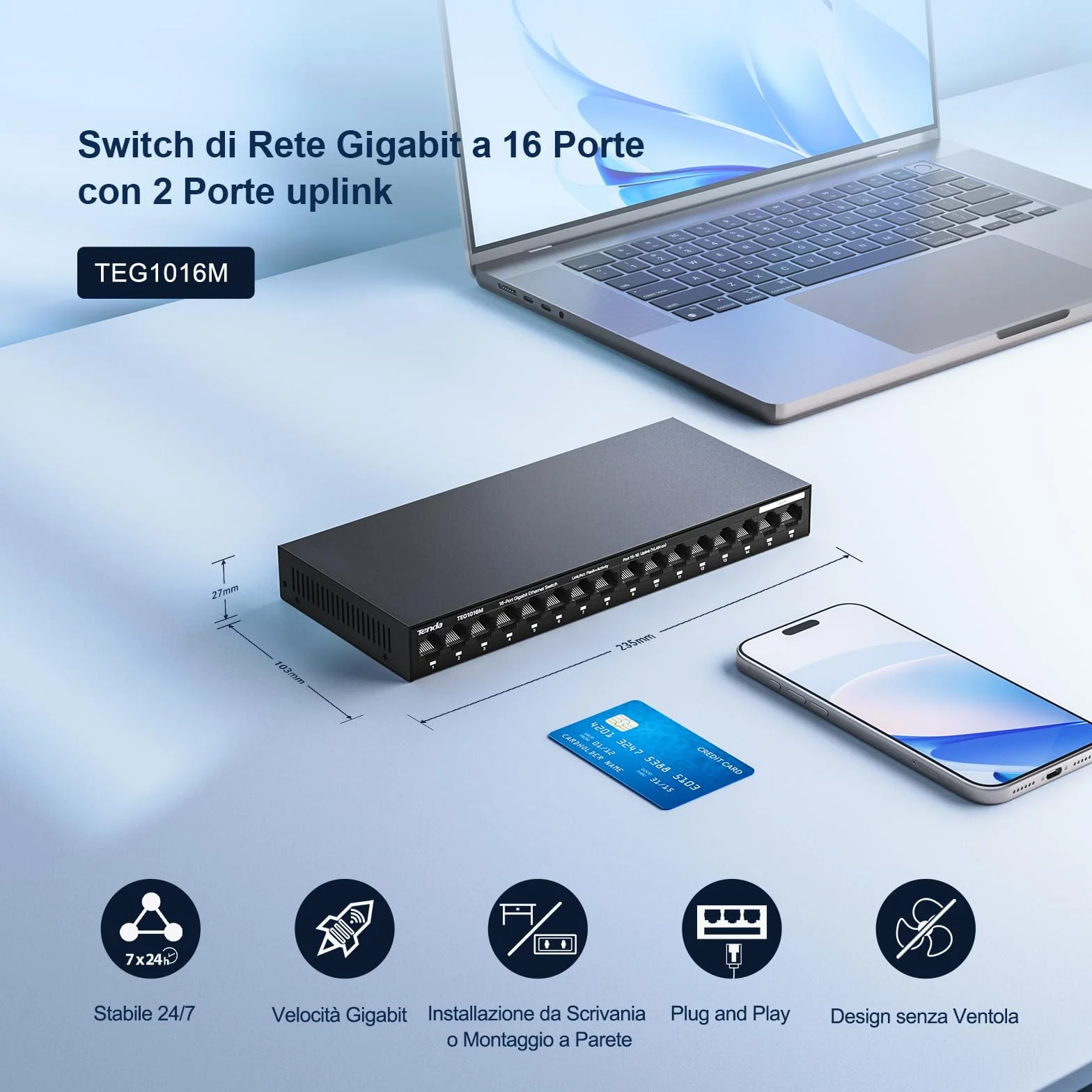 Tenda Switch Ethernet 16 Porte Gigabit, Switch Gigabit 10/100/1000 Mbps, Switch Rete Montaggio Desktop o a Parete, Unmanaged, Plug & Play, VLAN a Una Chiave, Struttura in Acciaio(TEG1016M)