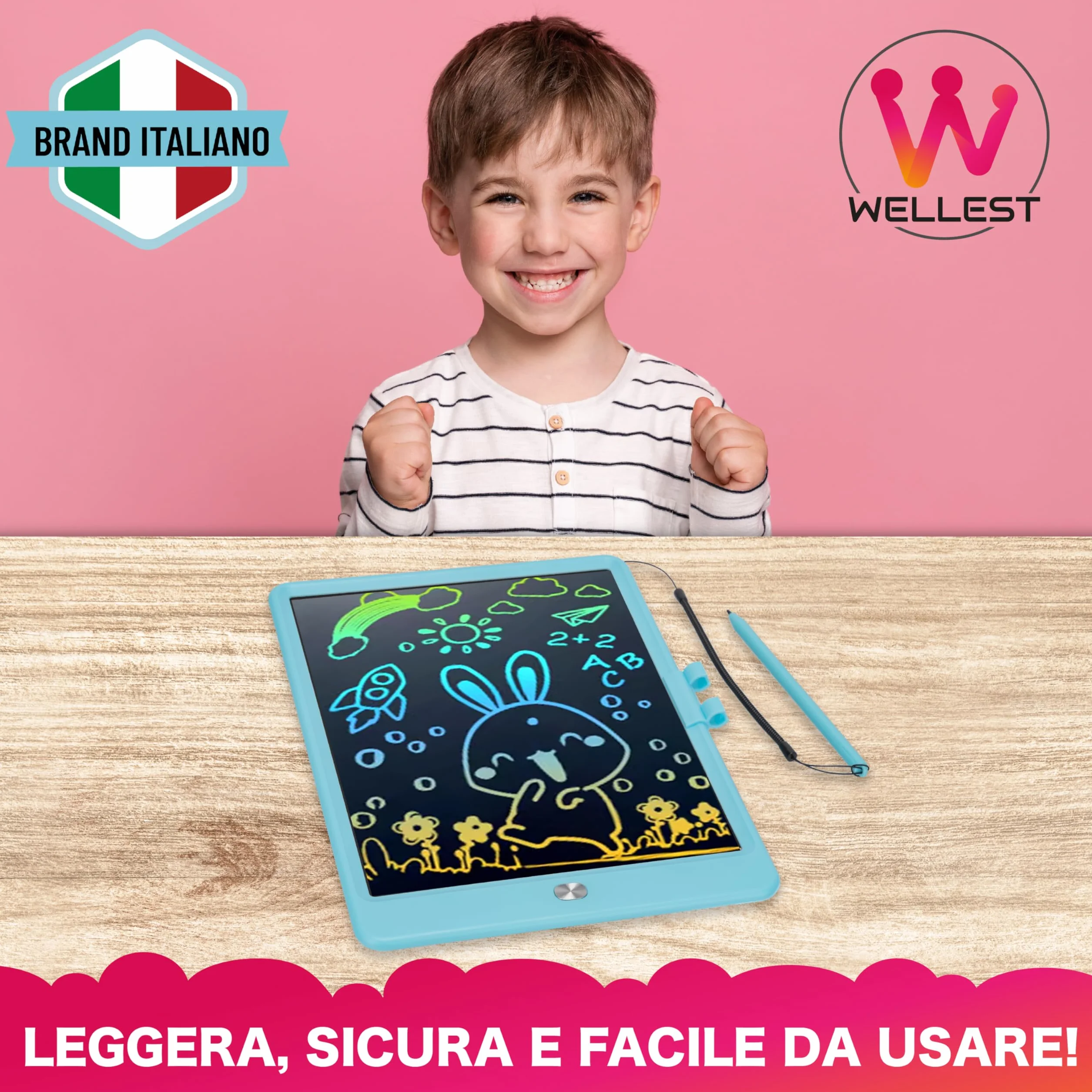 Tavoletta Grafica LCD 10 Pollici per Bambini con Penna e Gancio Portapenna