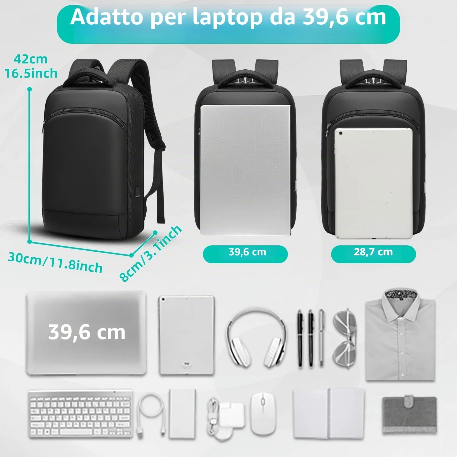Zaino Porta PC 15.6 Pollici Uomo Donna Lavoro Impermeabile Antifurto con Porta USB per Uffico Università Scuola Viaggio Business-Nero