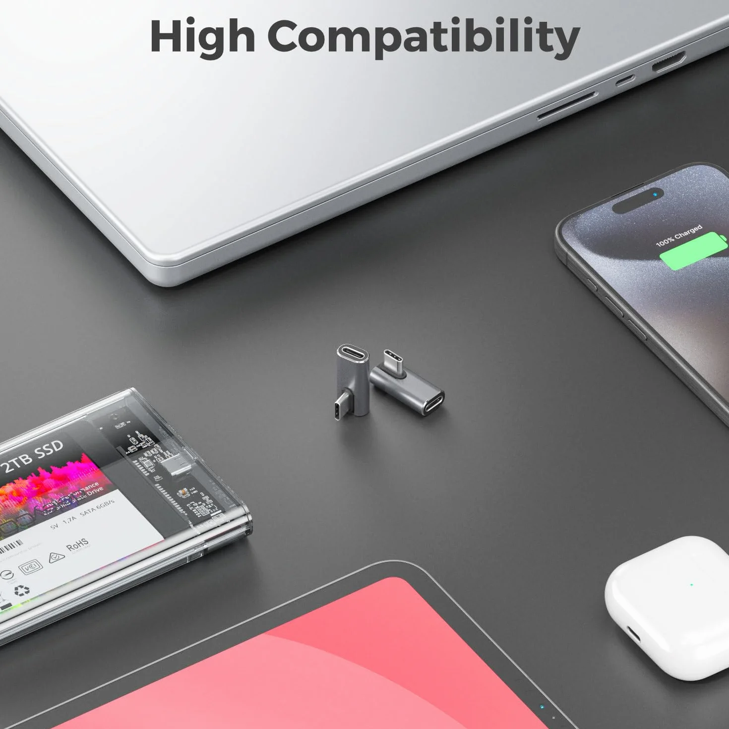 deleyCON Adattatore USB-C Angolo 90 Gradi (2 Pezzi) 40Gbps, 240W, 8K60Hz, Alloggiamento in Alluminio, Spina di Tipo C a Presa Compatibile con Smartphone Tablet Laptop Notebook PC Switch Eccetera.