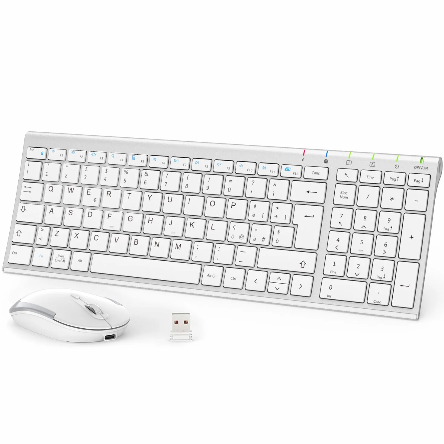 iClever Tastiera e Mouse Wireless portatile 2.4G, Ricaricabile tastiera wireless usb, silenziosa tastiera ergonomica Design Dimensioni Regolari Sottile Connessione Stabile DPI Regolabile
