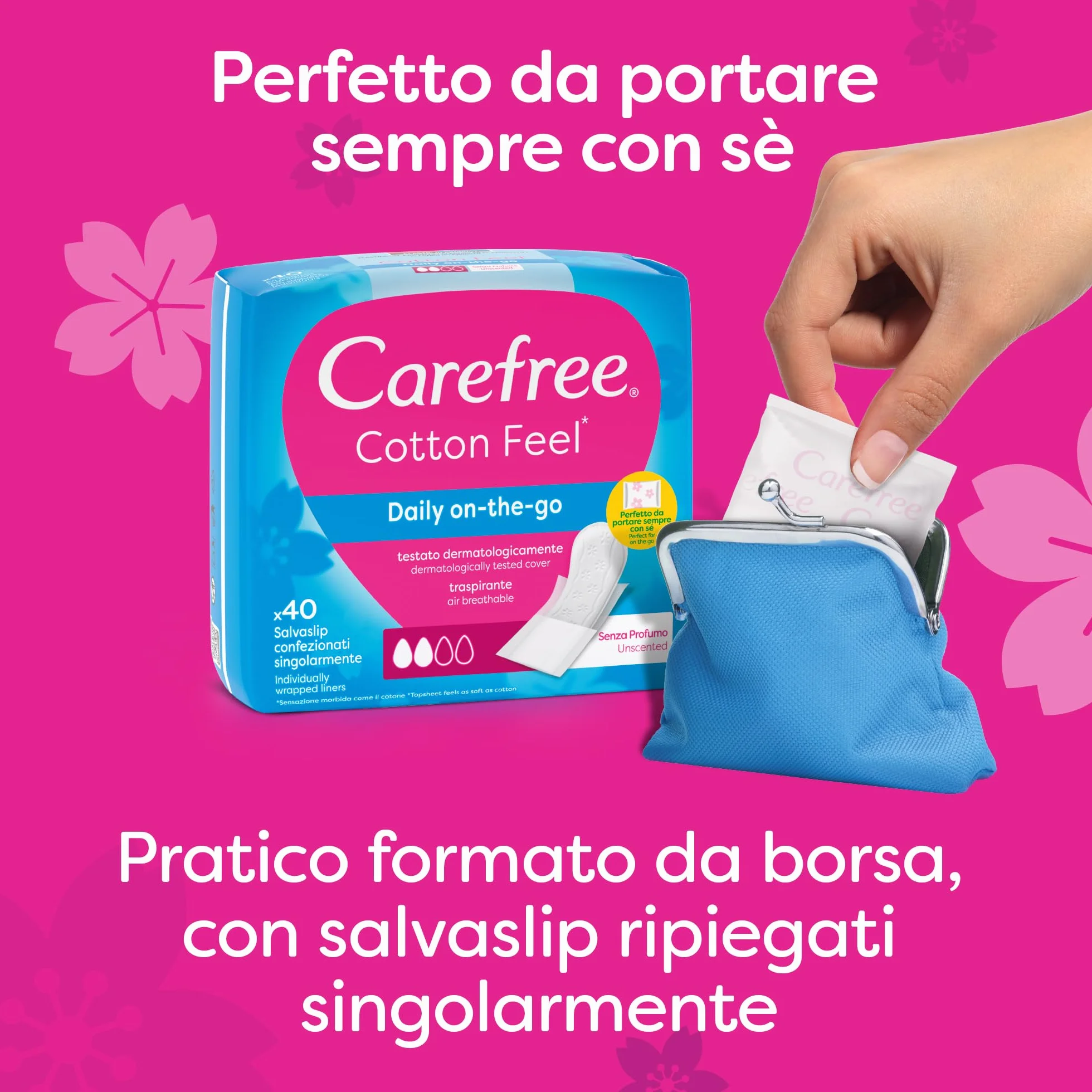 Carefree Salvaslip Cotton Feel Senza Profumo 40 sztuk, Proteggi slip traspiranti dermatologicamente testati