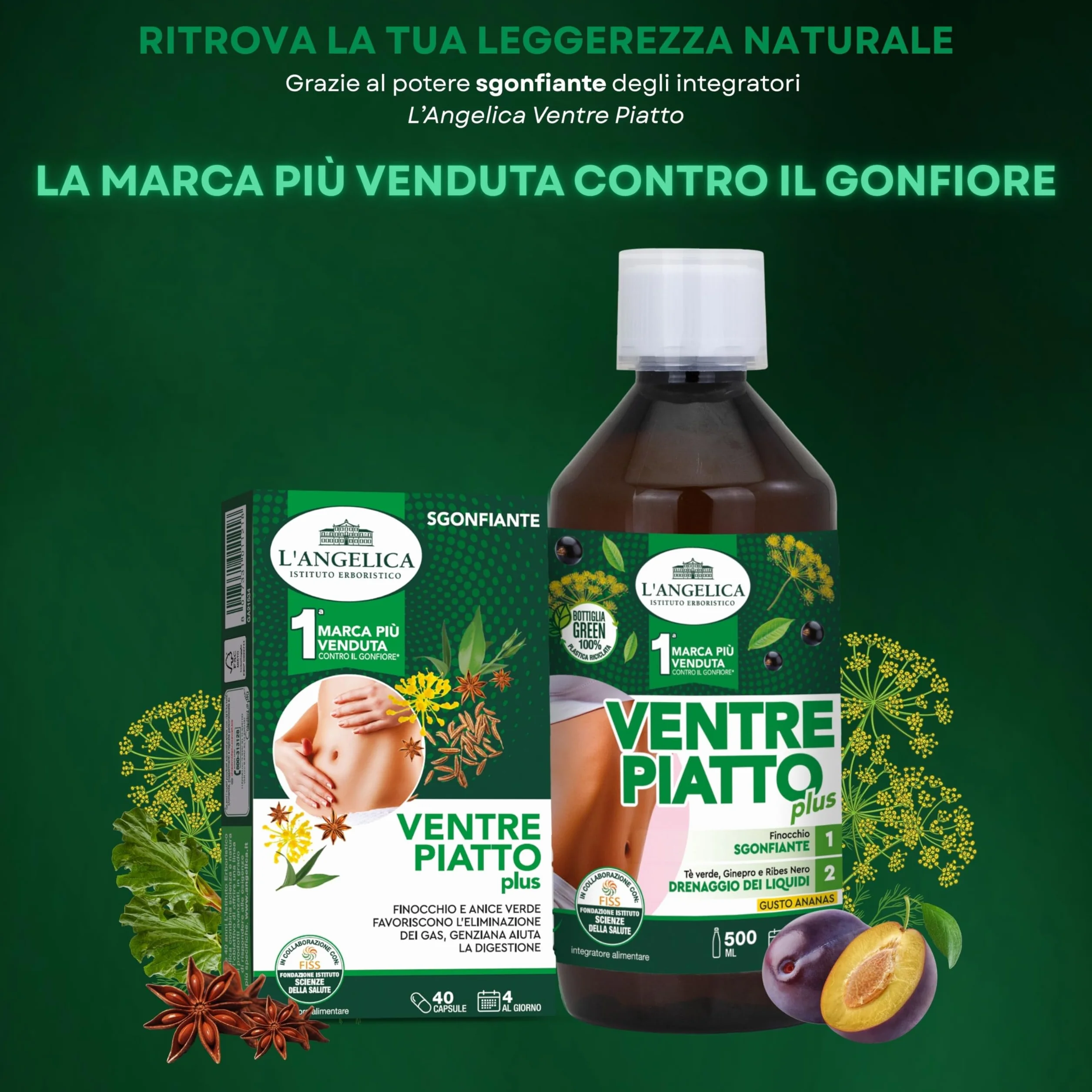 L'Angelica Ventre Piatto Plus Integratore Sgonfiante Anice Verde Finocchio Carvi Vegano 40 Capsule