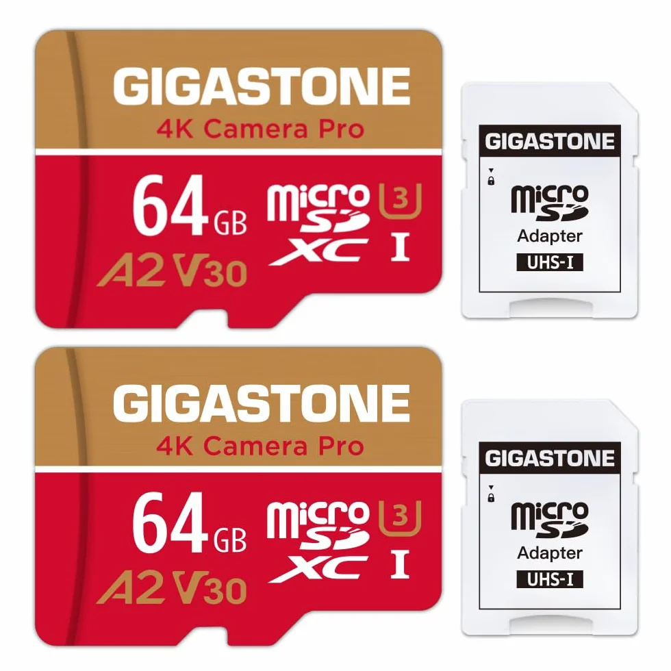 Gigastone Scheda di memoria da 64 GB, confezione da 2 schede, 4 K, fotocamera Pro, compatibile con GoPro Switch, velocità 95 MB/s. Scheda Micro SDXC A2 U3 V30 con adattatore SD.