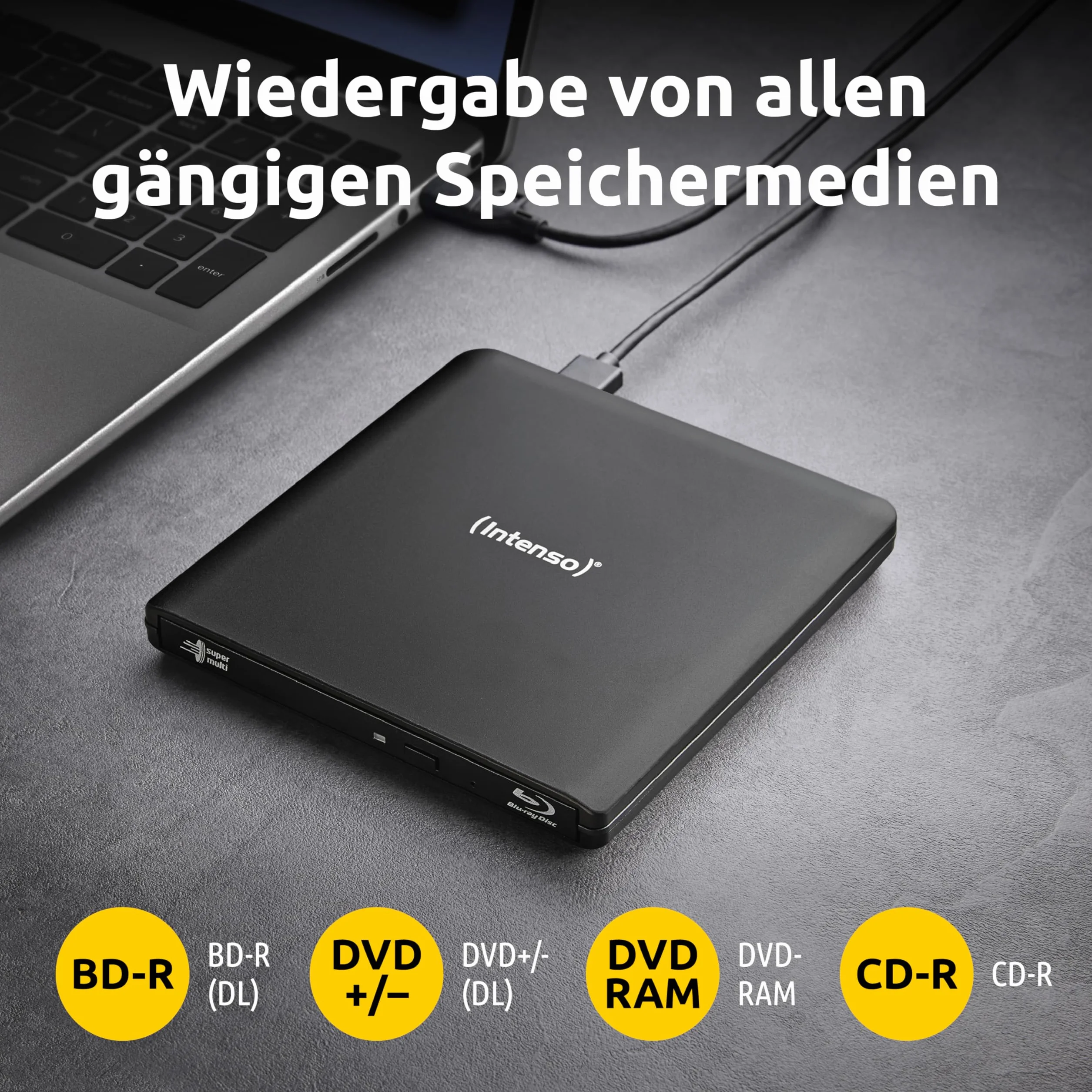 Intenso Unità esterna Blu-ray EOD 500BD Slim, USB 3.2, per laptop, desktop, iMac, MacBook, Windows, MacOS, con software di masterizzazione gratuito Ashampoo Burning Studio, nero