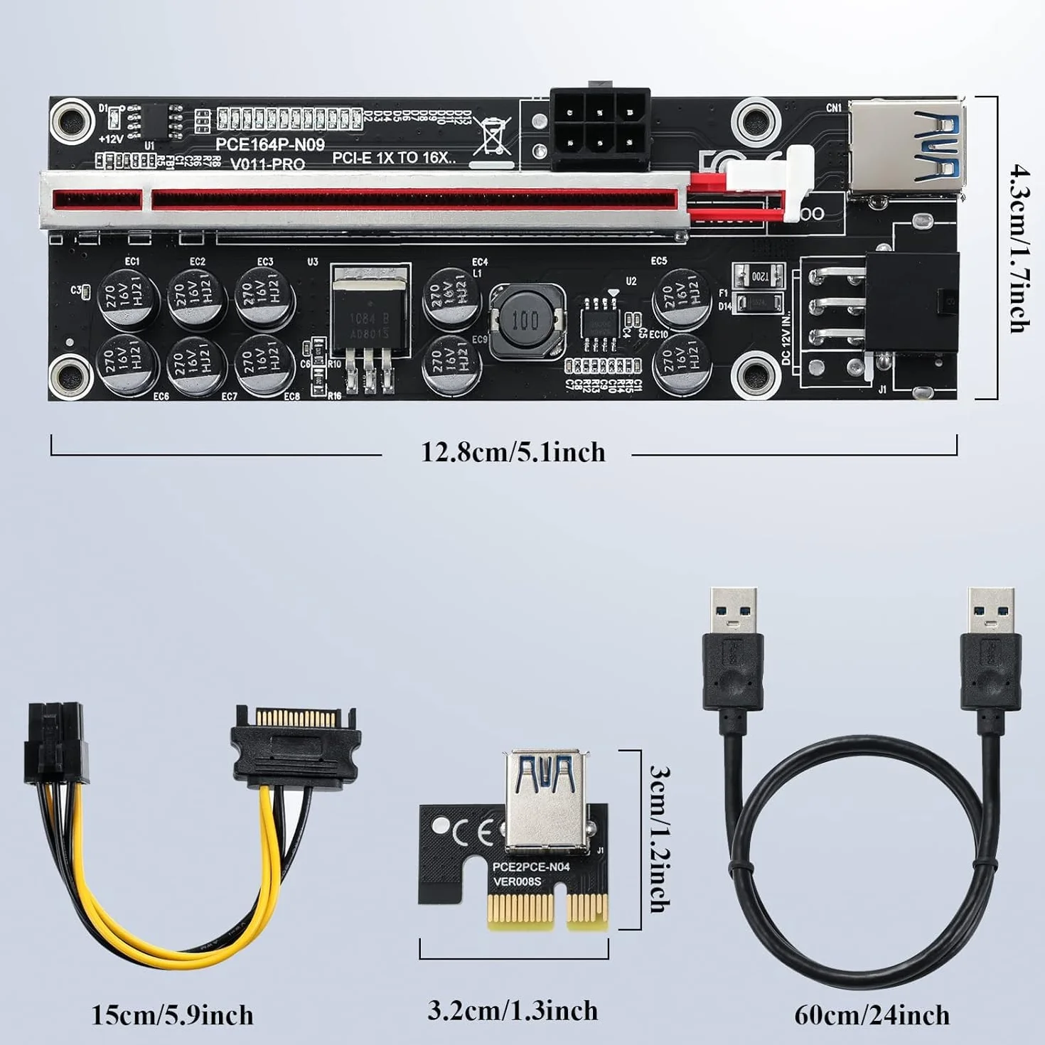 VER009S Scheda Riser PCIE da 1X a 16X per GPU, con cavo di estensione USB 3.0 da 0,6 m - Cavo di alimentazione SATA a 6 pin - Scheda adattatore GPU Extender per Bitcoin Ethereum Mining ETH (6 pezzi)