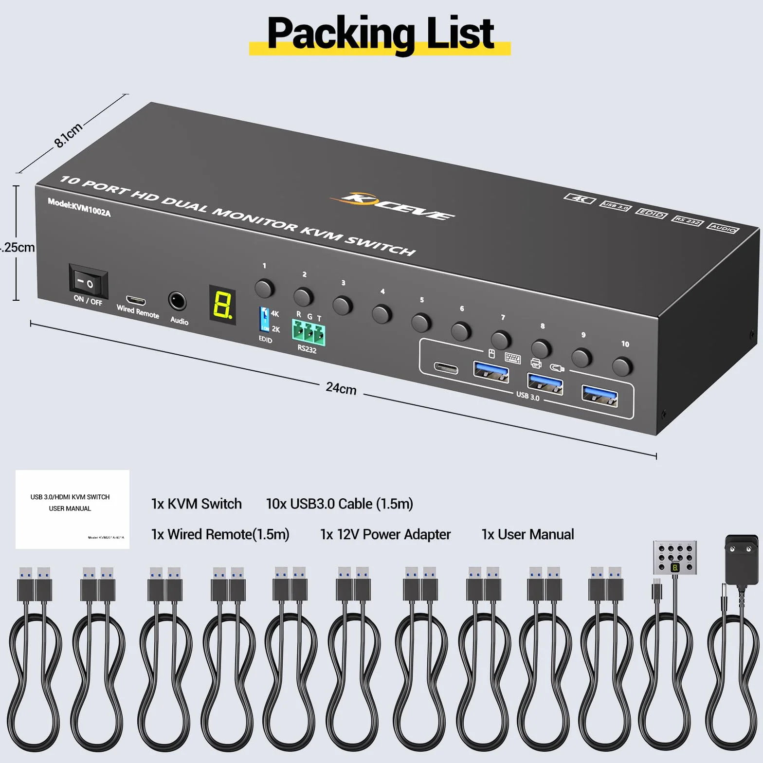 10 Porte HDMI KVM Switch 2 Monitor 10 PC 4K@60Hz Simulazione EDID, 2 Monitor KVM Switch 10 PC con 4 porte USB 3.0, Audio RS232, con Controller 12V Power, Telecomando con Cavo e 10 Cavi USB