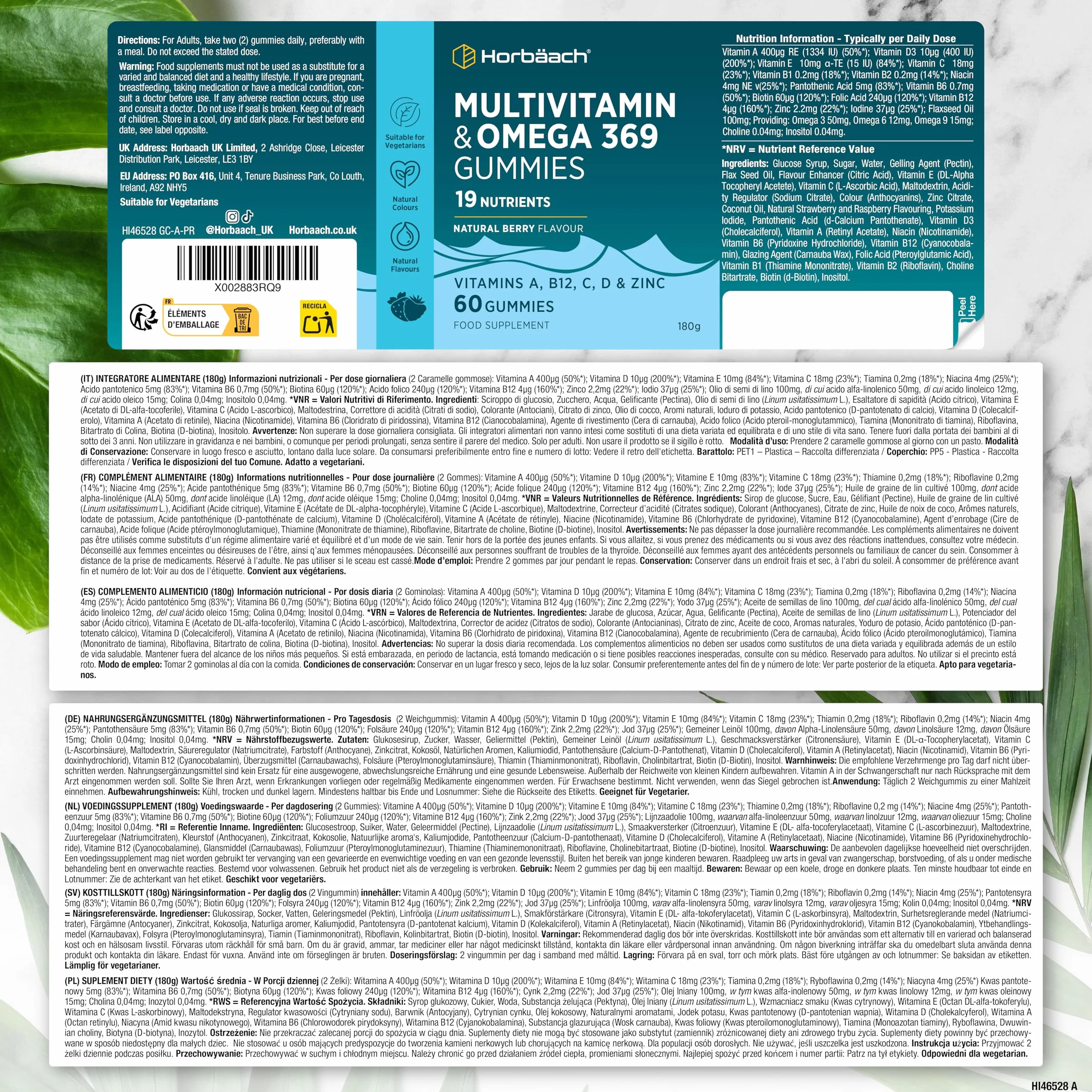 Horbaach Multivitaminico Gommose Omega 3 6 9 60 Caramelle con Vitamina C A B D Biotina Zinco