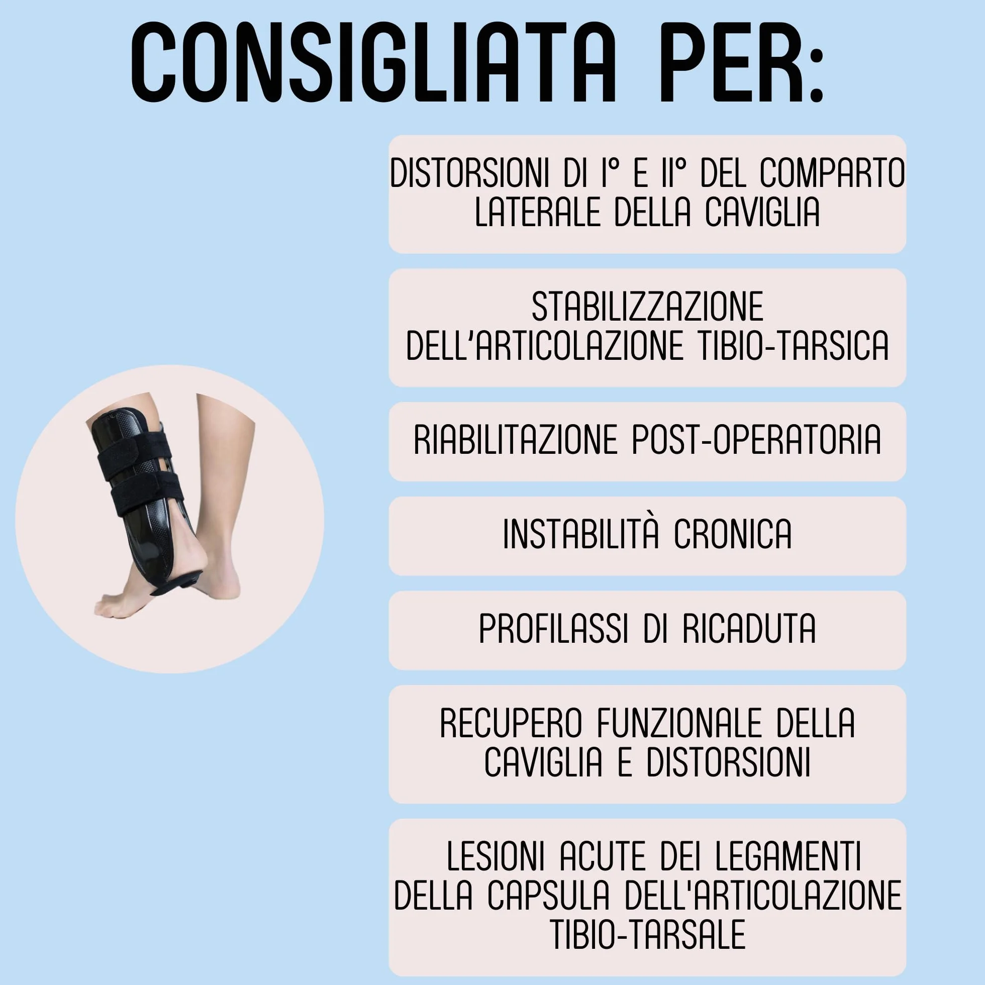 Cavigliera Bivalve Argos Made in Italy Regolabile Memory Foam Immobilizzazione Tibio-Tarsica Protezione Caviglia Sinistra Nero