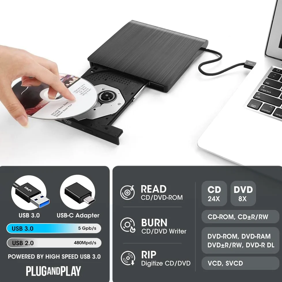 unità CD Dvd Esterna, unità Portatile USB 3.0 CD/Dvd +/- RW Slim CD/VCD Rom Masterizzatore masterizzatore Floppy Superdrive per Laptop,PC,Mac 10,OS, Windows 10/8/7/XP/Vista,Linux