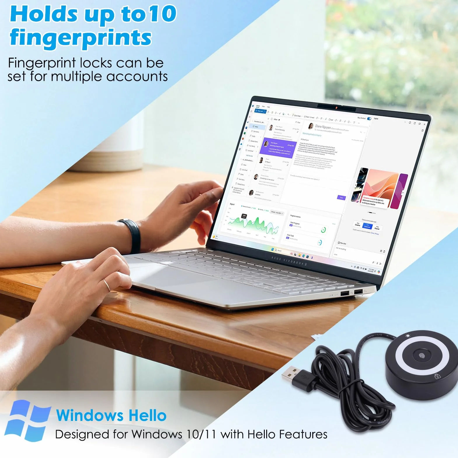 Logger per impronte digitali USB, con luci che cambiano colore, blocco software di rilevamento delle impronte digitali capacitivo con luci che cambiano colore all'accensione, compatibile con Windows