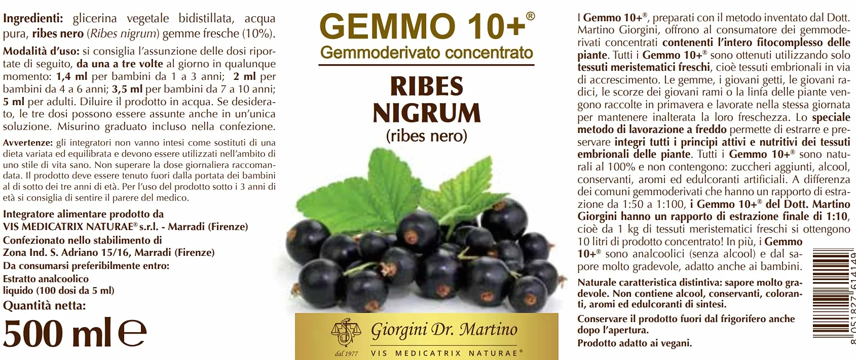 Dr Giorgini RIBES NERO Gemmoderivato Concentrato Liquido Analcoolico 500 Millilitri