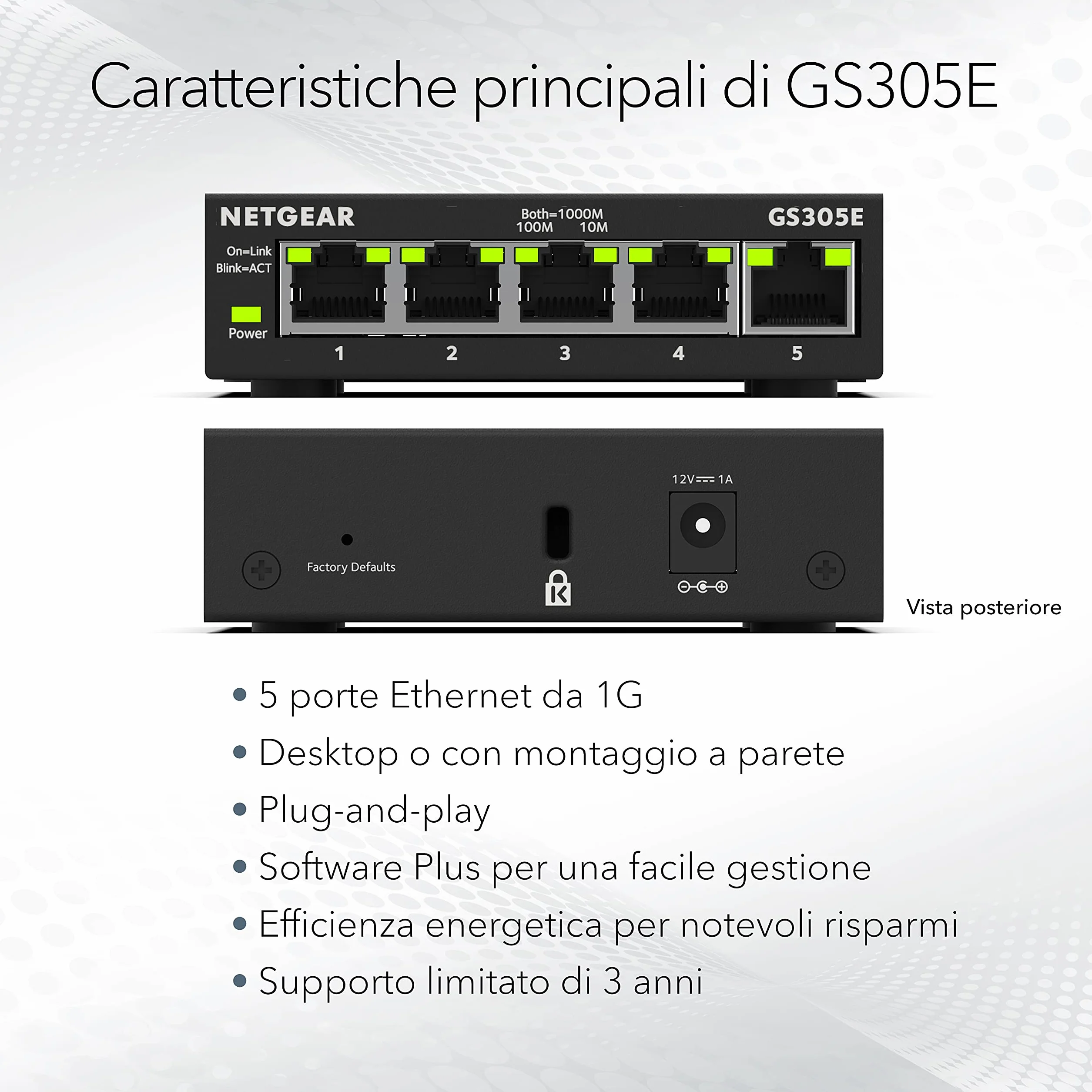 NETGEAR Switch Ethernet Plus 5 Porte GS305E – Supporto VLAN, QoS, Switch Gigabit per Ufficio, Funzionamento Silenzioso, Montaggio Desktop o a Parete