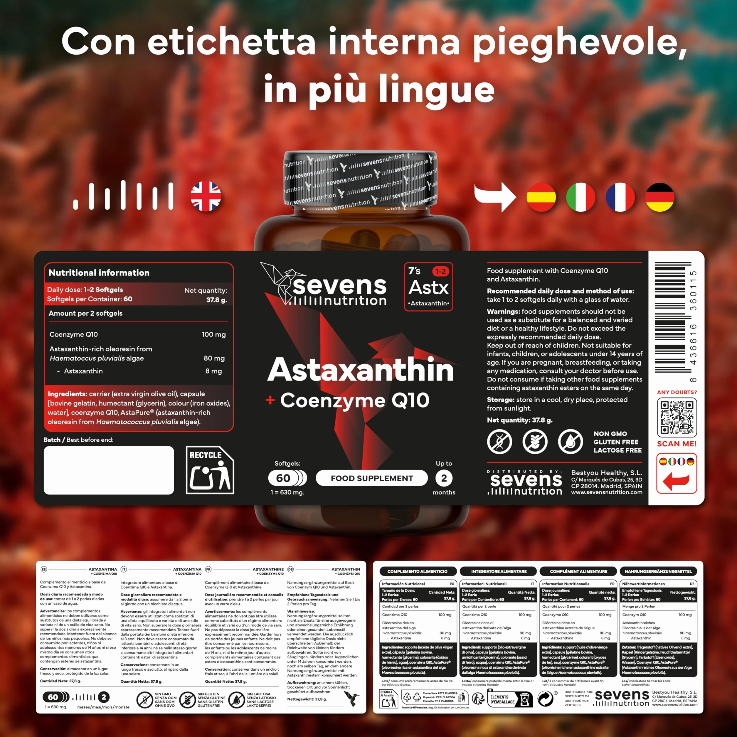 Astaxantina Naturale Pura AstaPure® 8 mg Integratore Antiossidante con Coenzima Q10 e Olio Extravergine di Oliva