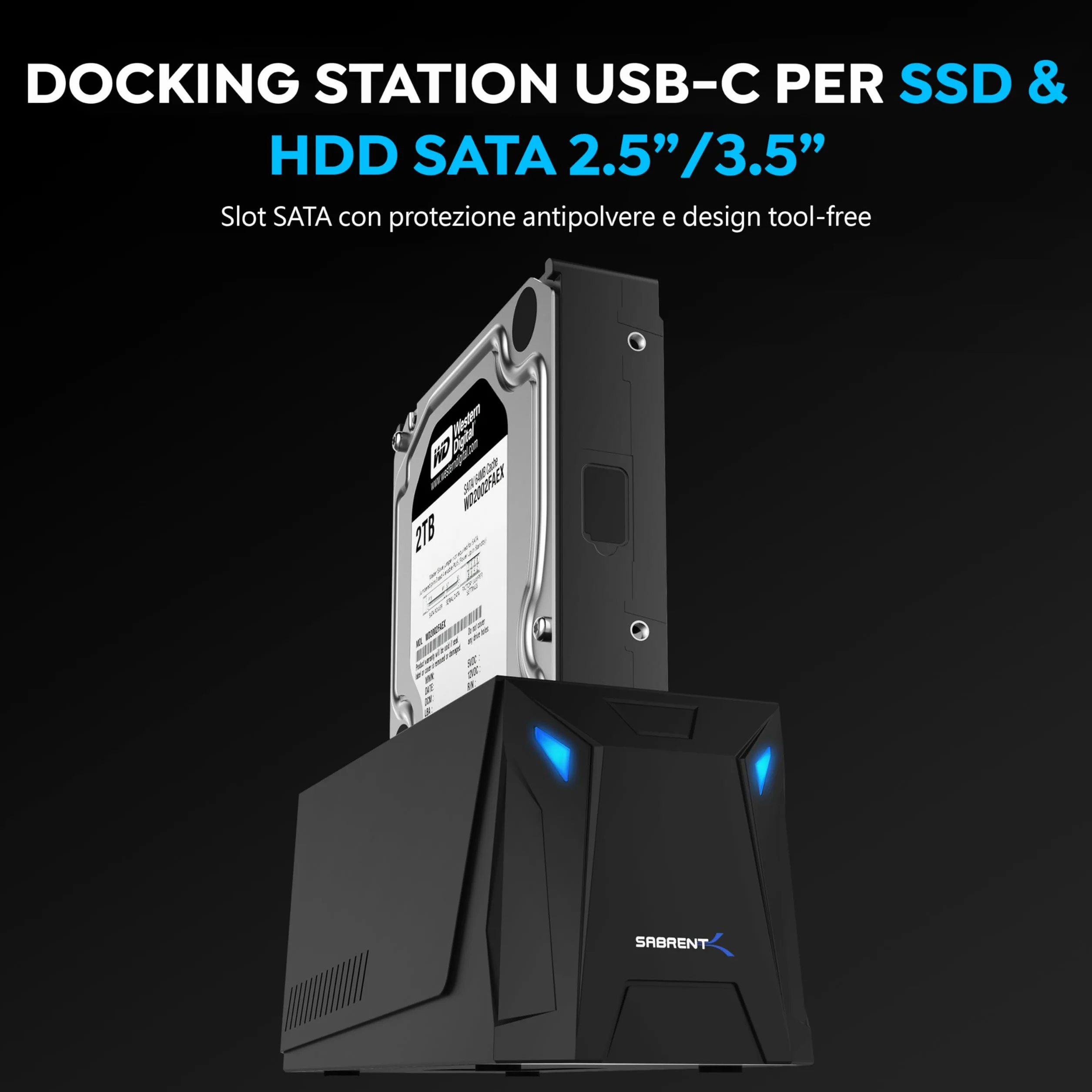 SABRENT Docking station USB-C 10 Gbps per SSD HDD SATA 2.5/3.5 pollici hot swap 20 TB DS-UC1B