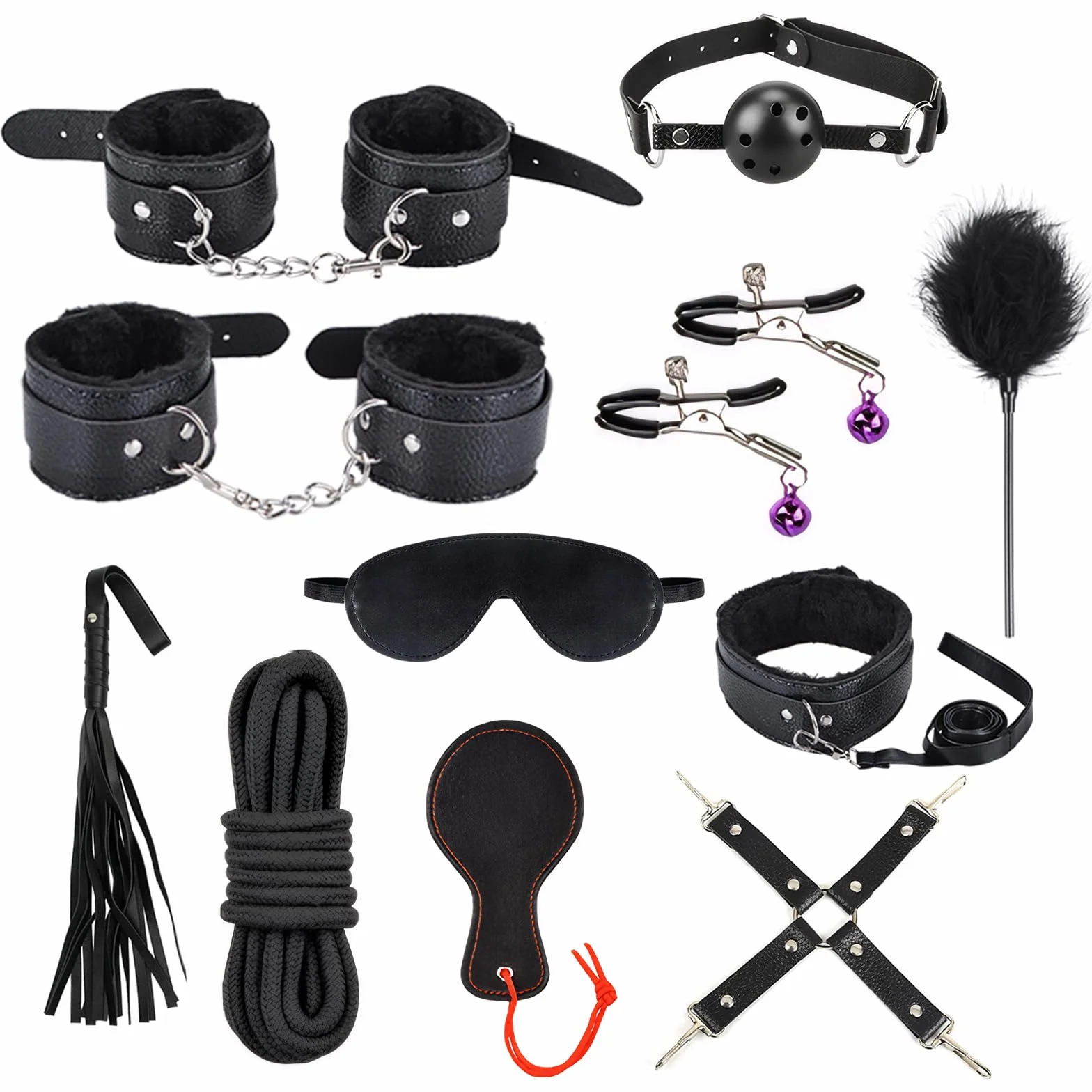 BDSM Kit Bondage 11 Pezzi Accessori con Manette Caviglia Morsetti Capezzoli Sex Toys Set per Coppie