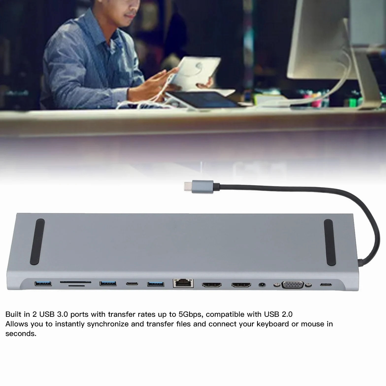 Fyearfly USB C DockingStation 12 in 1 USB C HUB STAZIONE 100W PD con VGA 2 USB 3.0 Ethernet SD/TF Slot Slot Gigabit Ethernet per Laptop