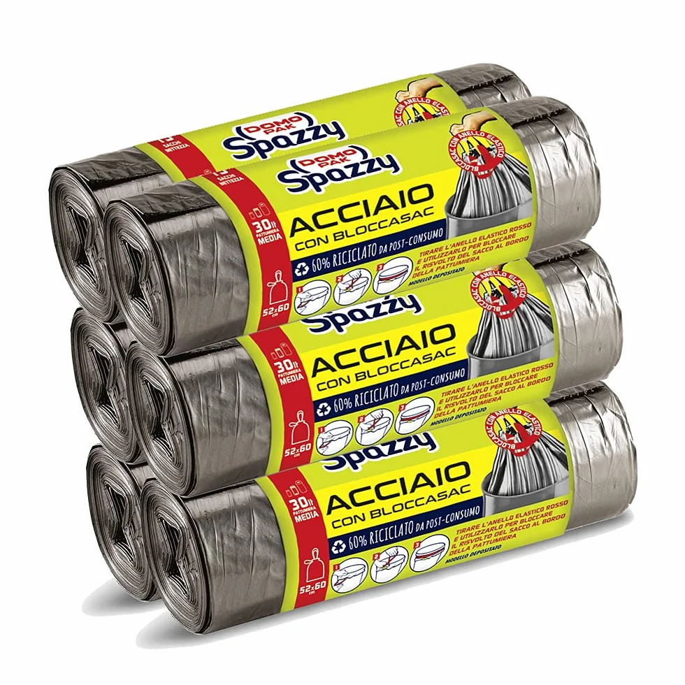 Domopak Spazzy Sacchi Nettezza Acciaio con Bloccasac 30 Lt, 6 Confezioni da 15 Pezzi