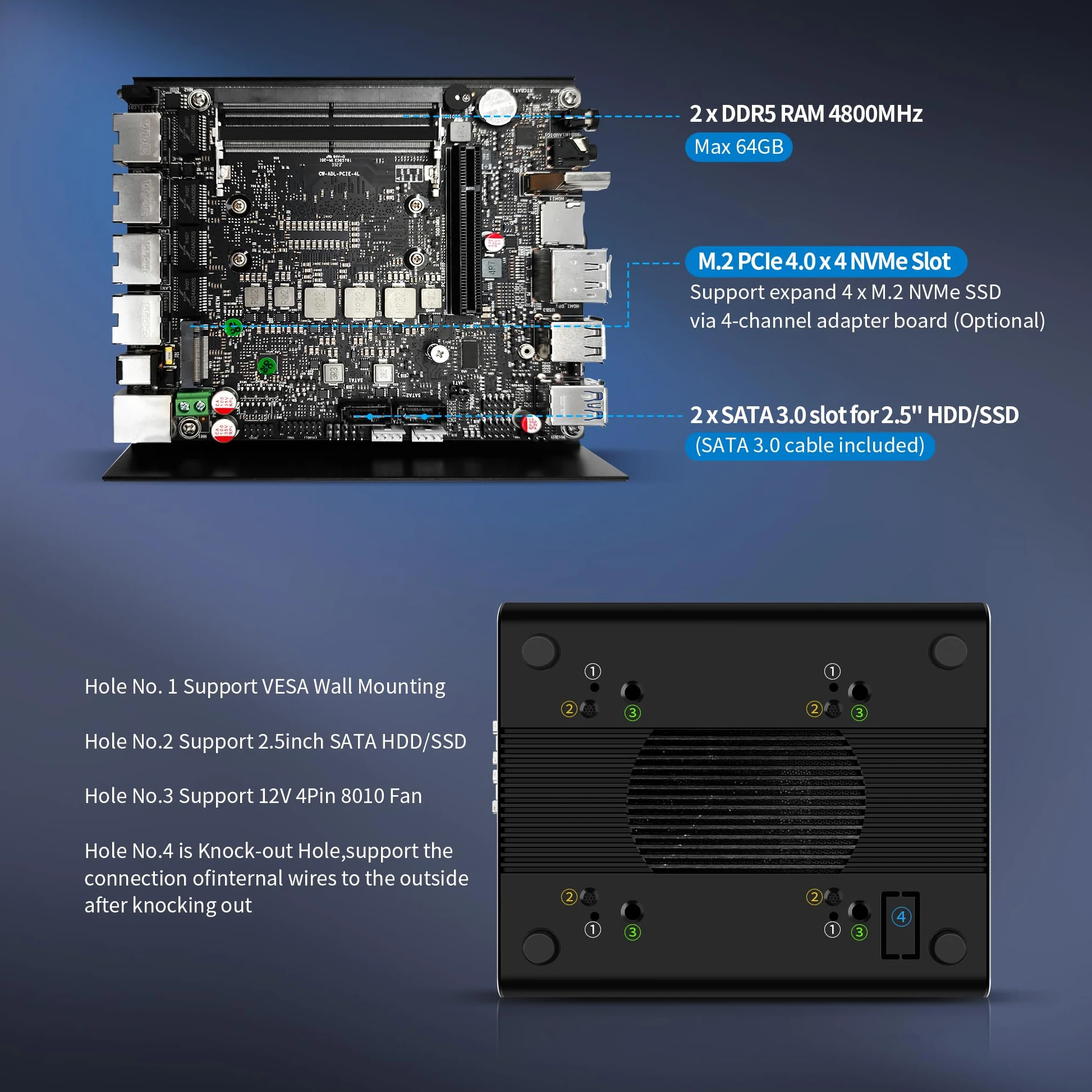 CWWK Mini PC Firewall Appliance 5-core U300, 2x 10GbE SFP+ & 4x 2.5GbE RJ45 | S4 Mini Computer, Barebone senza RAM/SSD/OS, compatibile con pf- e OPNsense, NVMe4.0 x4, USB-C, TF, AES-NI