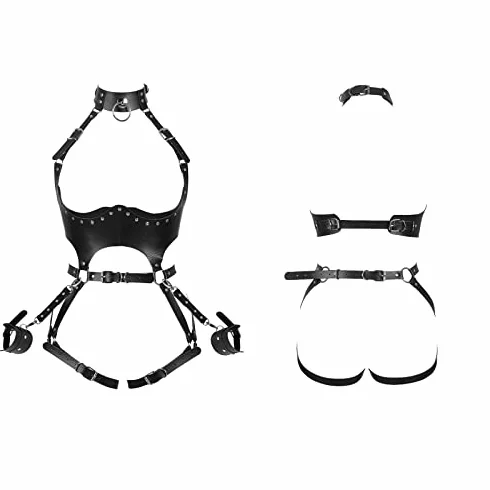 Nero Full Body Harness Pelle Donne Vita Reggicalze Punk Goth Rave Halloween Cinghia Toracica Corsetto