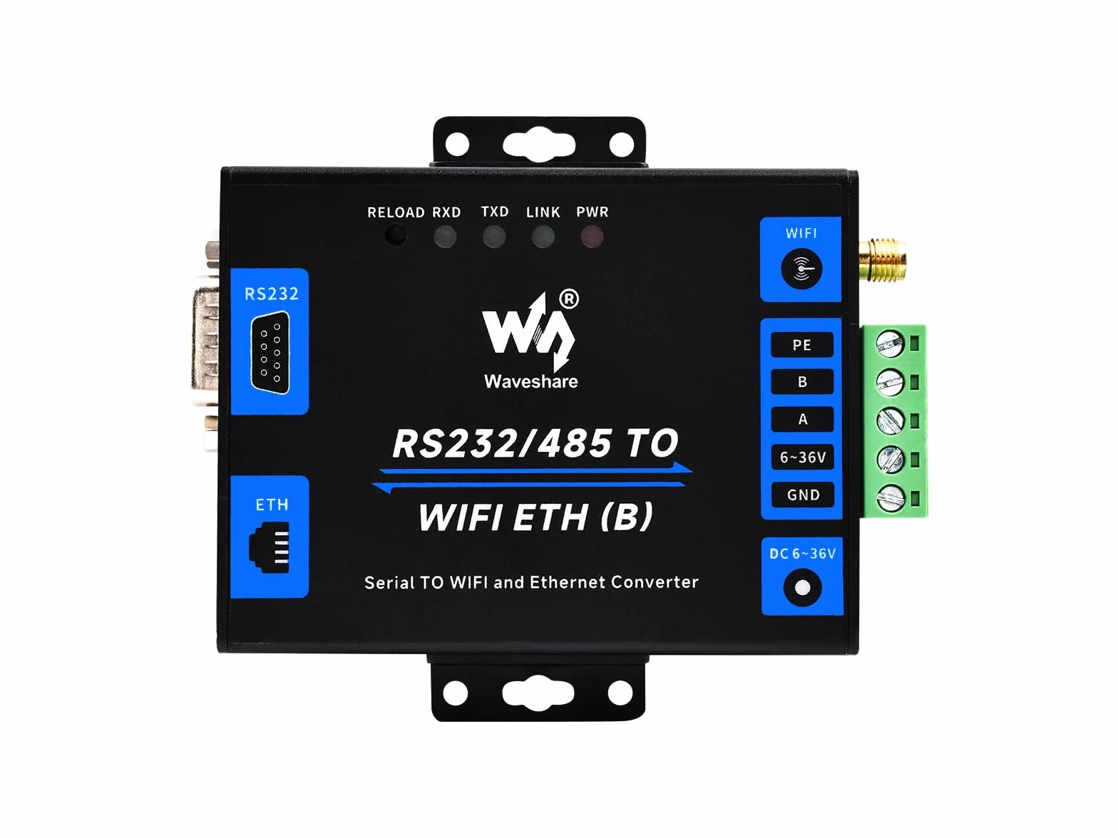 Waveshare Industrial Serial Server RS232/485 to WiFi Ethernet Modbus MQTT Gateway Metal Case Wall-Mount Rail-Mount
